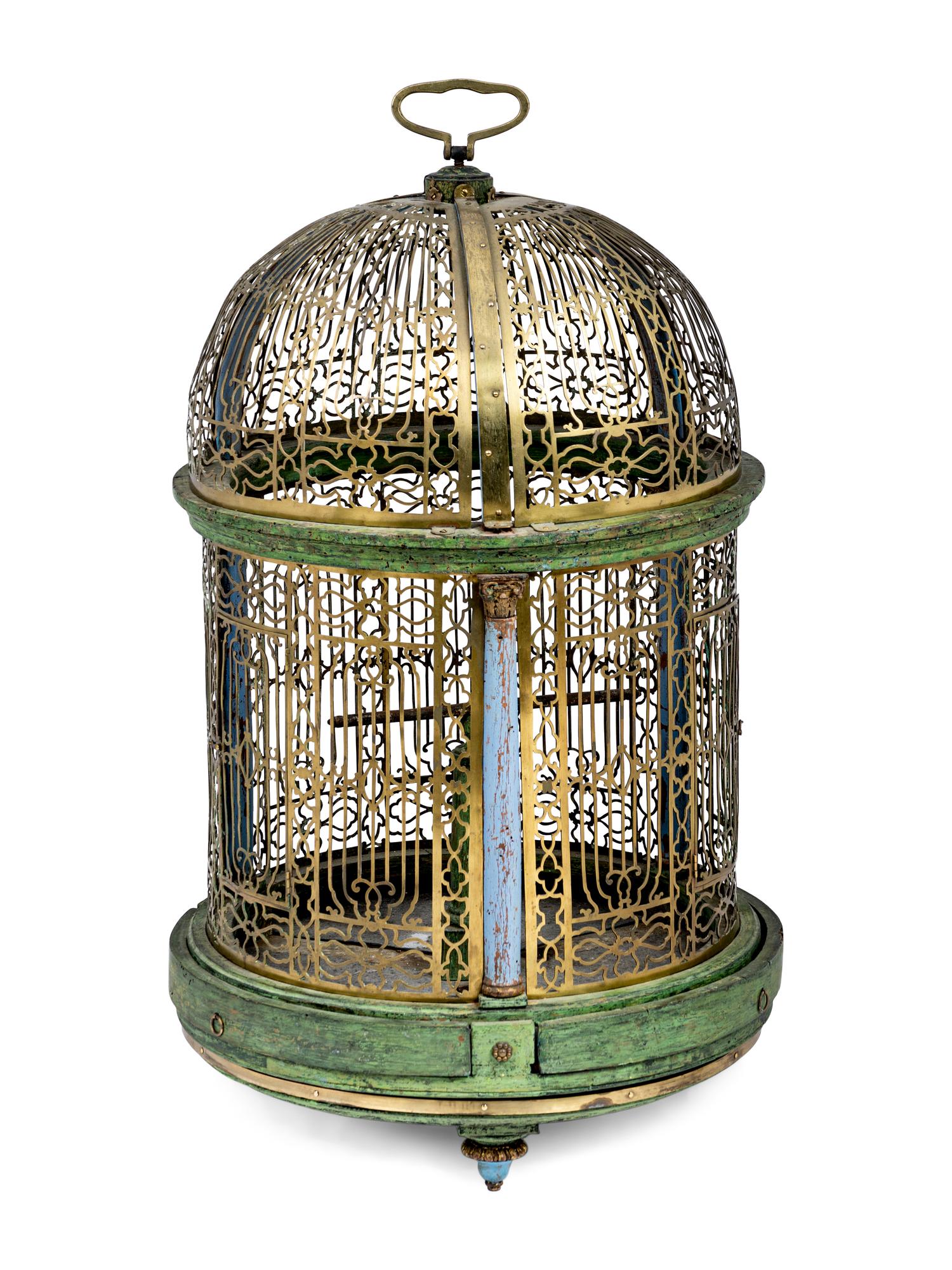 A North European Brass and Polychrome Painted Bird Cage