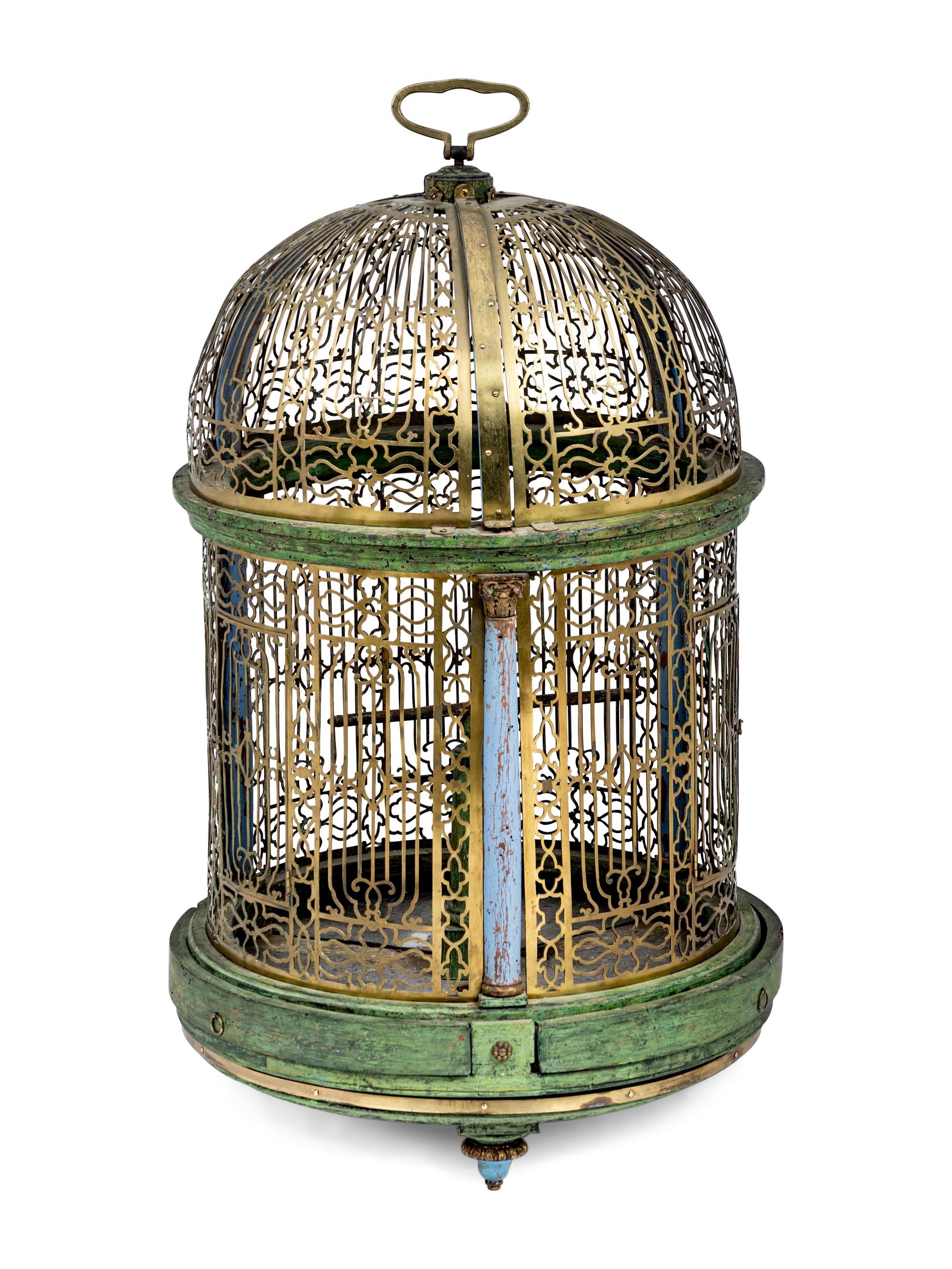A North European Brass and Polychrome Painted Bird Cage