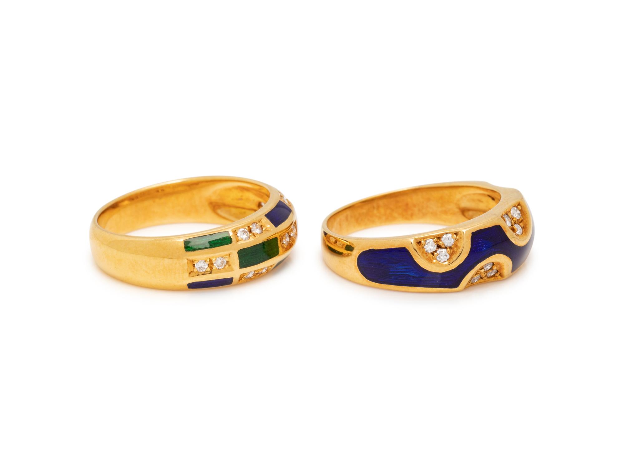 COLLECTION OF YELLOW GOLD, DIAMOND AND ENAMEL RINGS