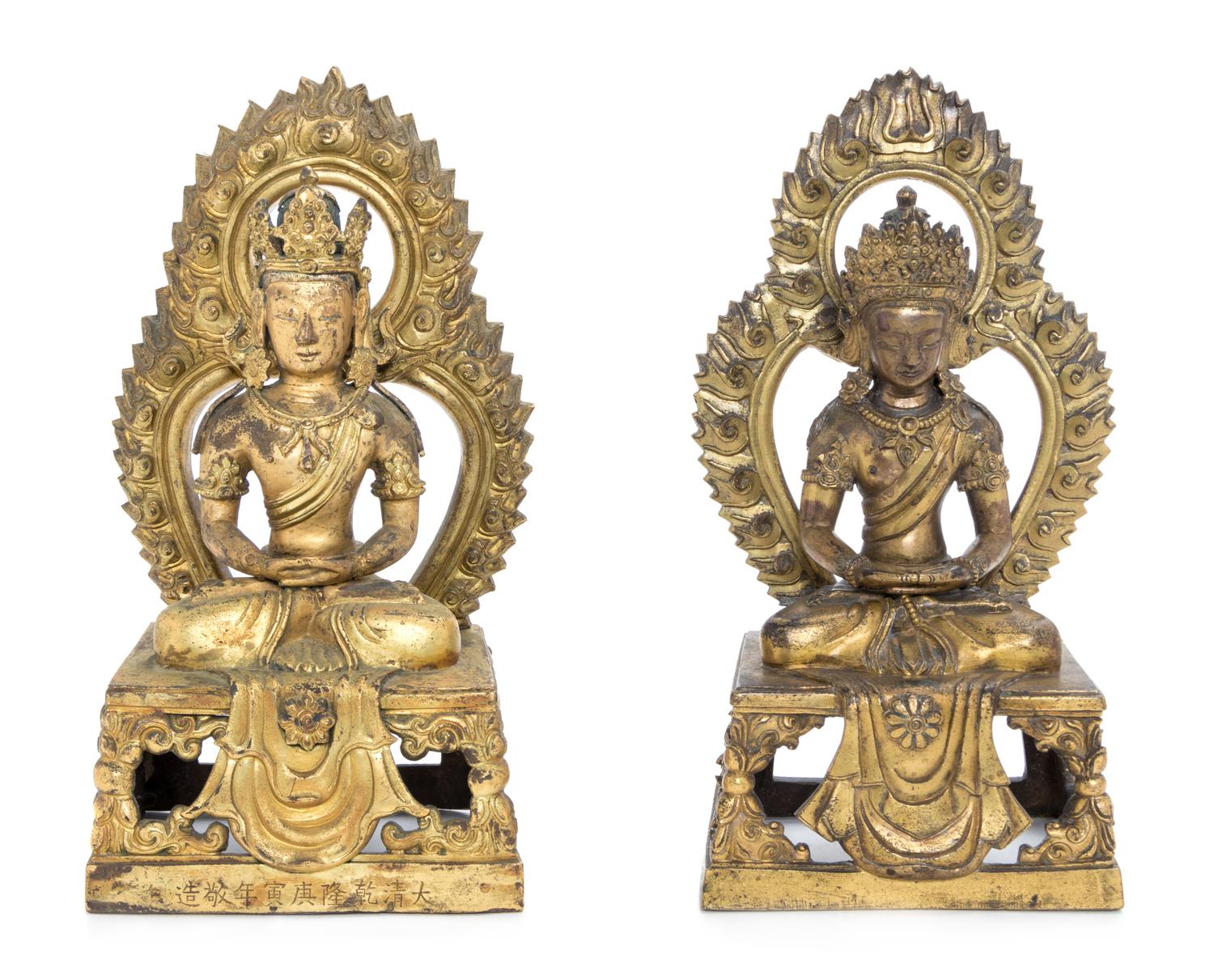 Two Sino-Tibetan Gilt Bronze Figures of Amitayus Height of taller 8 1/2 inches. — LIKELY QIANLONG PERIOD (1735-1796)