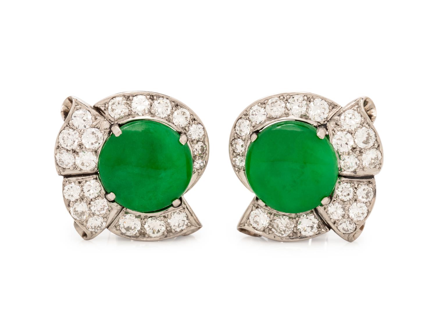 JADE AND DIAMOND EARCLIPS
