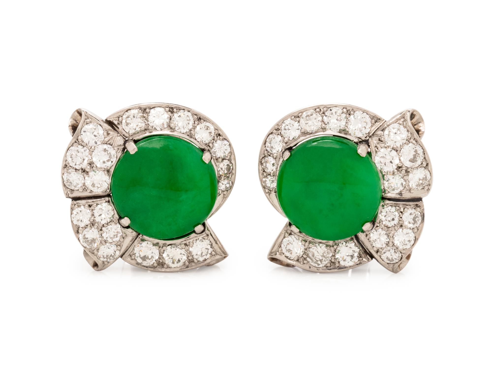 JADE AND DIAMOND EARCLIPS