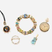 A five piece collection of antique and vintage gold jewelry and a pocket watch J.E Caldwell & Co. Bailey Banks & Biddle, and others