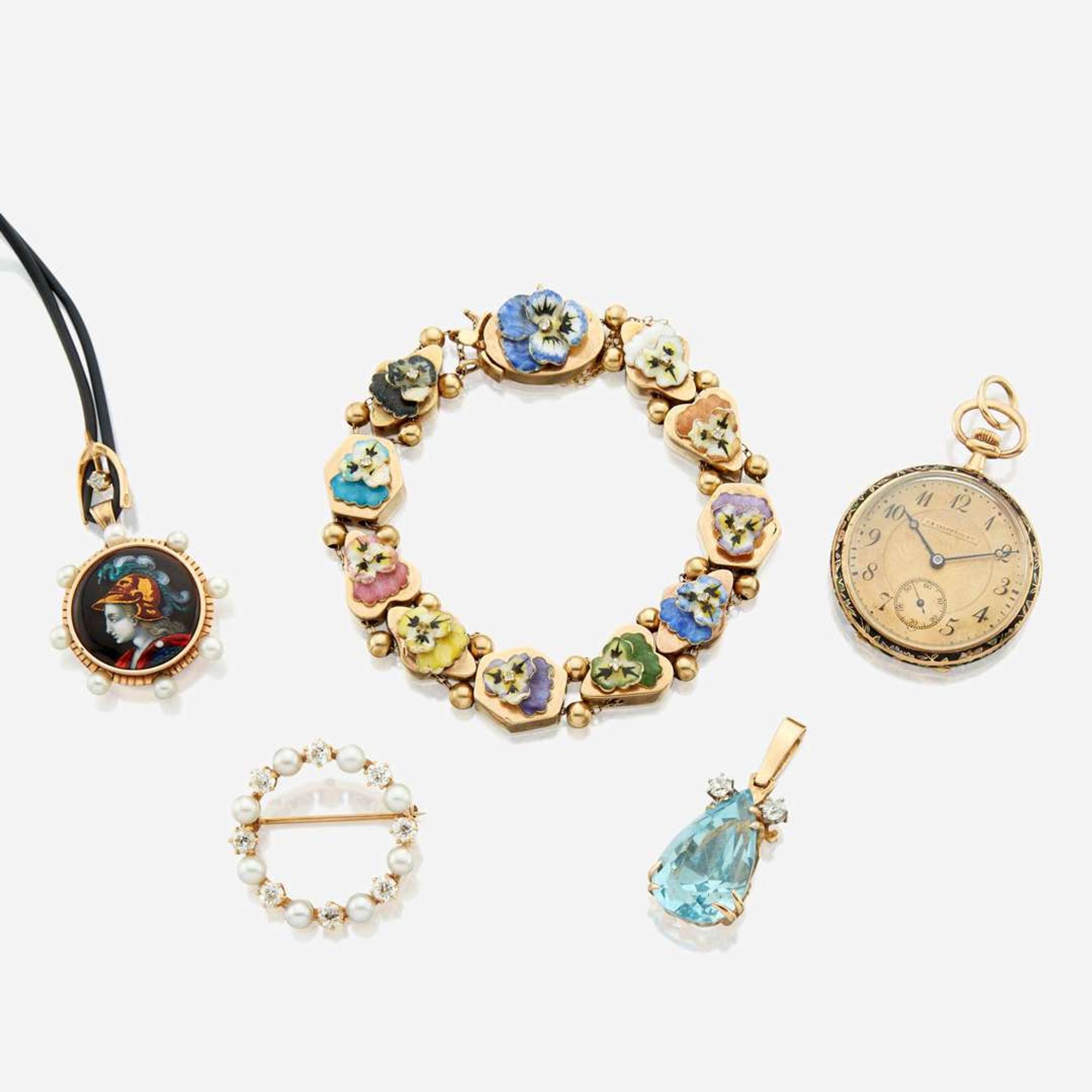 A five piece collection of antique and vintage gold jewelry and a pocket watch J.E Caldwell & Co. Bailey Banks & Biddle, and others
