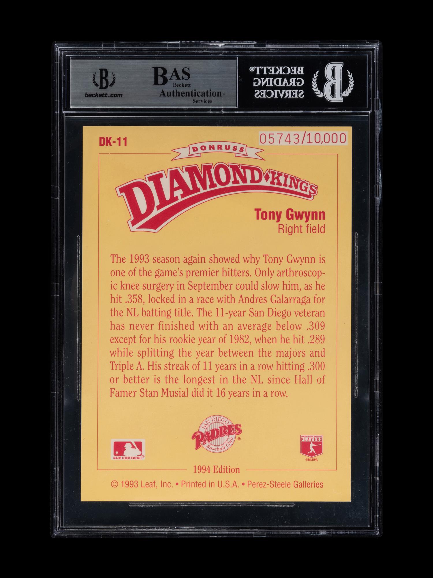 A 1994 Donruss Diamond Kings Jumbo Tony Gwynn Kirby Signed Autograph Baseball Card No. DK-11 (Beckett Authentication Services BAS Certified)
