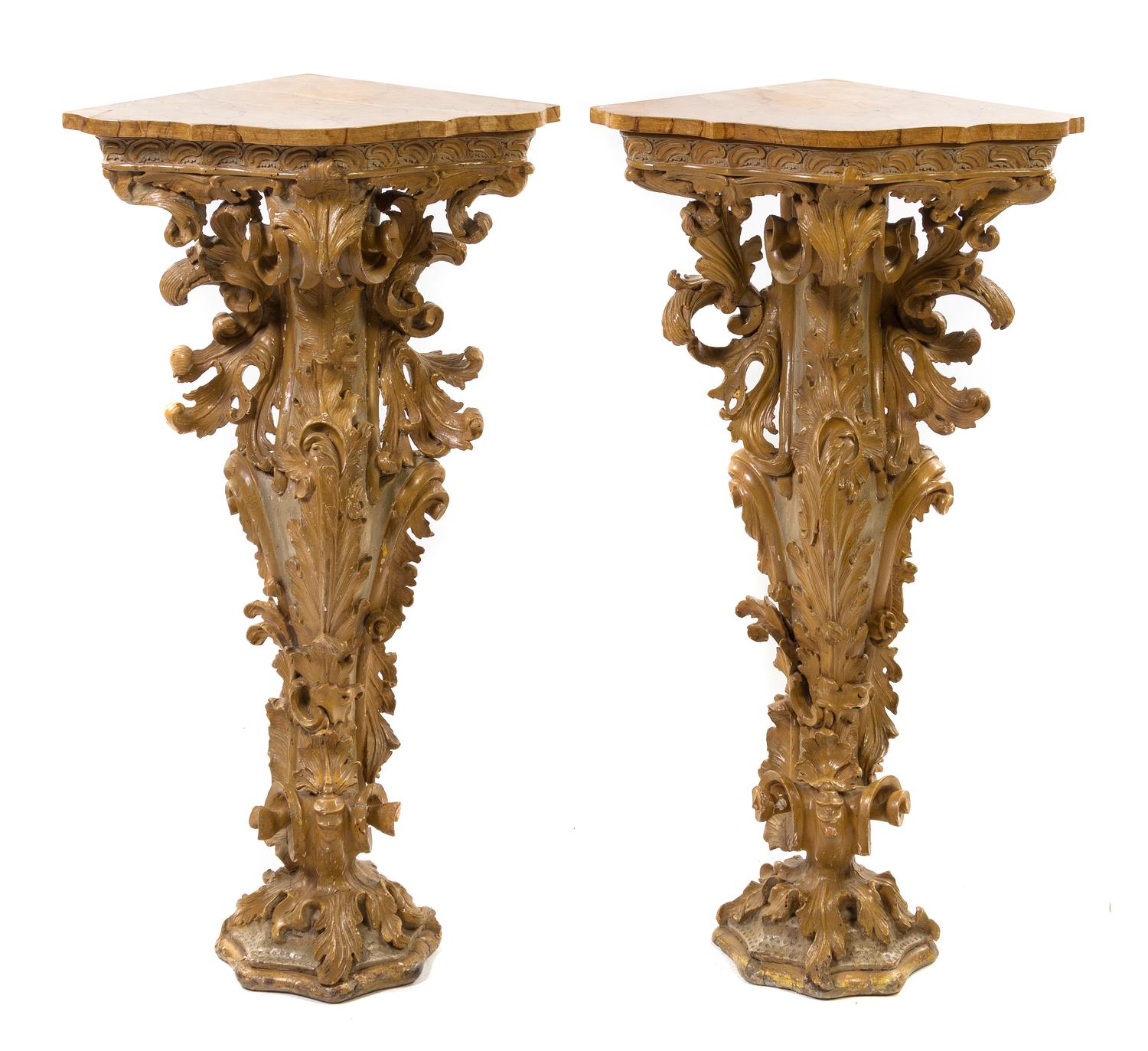 A Pair of Rococo Painted Corner Columns, Height 42 1/2 inches.