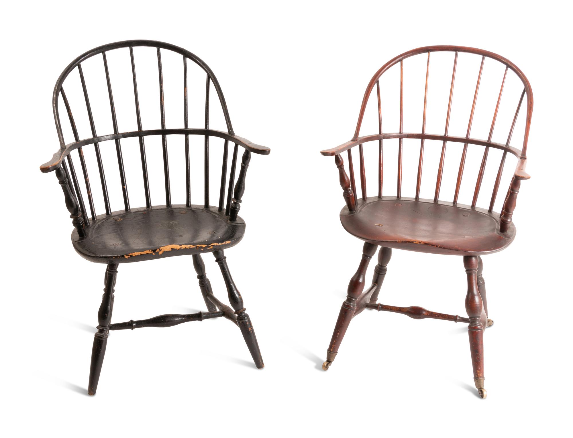 Two Bow-Back Compass Seat Windsor Armchairs