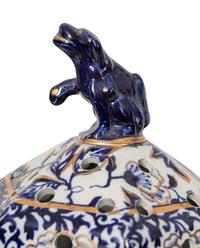 A Pair of Large English Ironstone Parcel Gilt Blue and White Hexagonal Lidded Jars