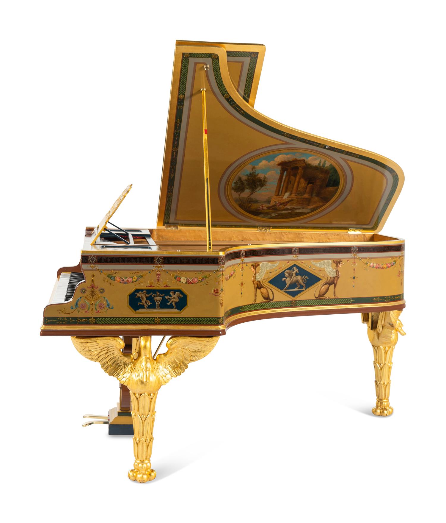 An Empire Style Kingwood, Giltwood and Painted Art Case Piano