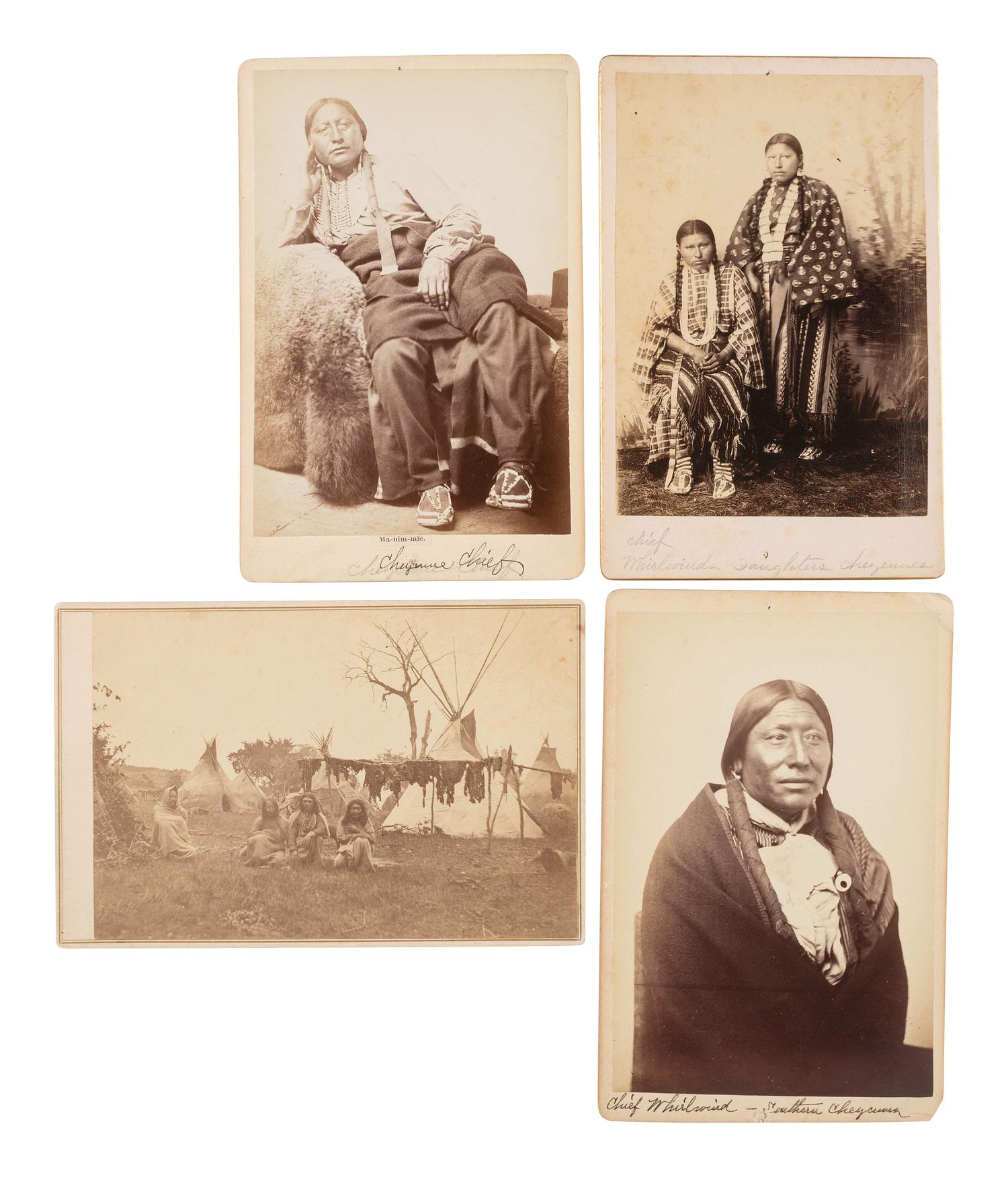 [SOULE, William S. (1836-1908), photographer]. A group of 4 cabinet cards of Southern Cheyenne Indians, incl. Chief Whirlwind and a camp scene. Ca early 1870s.