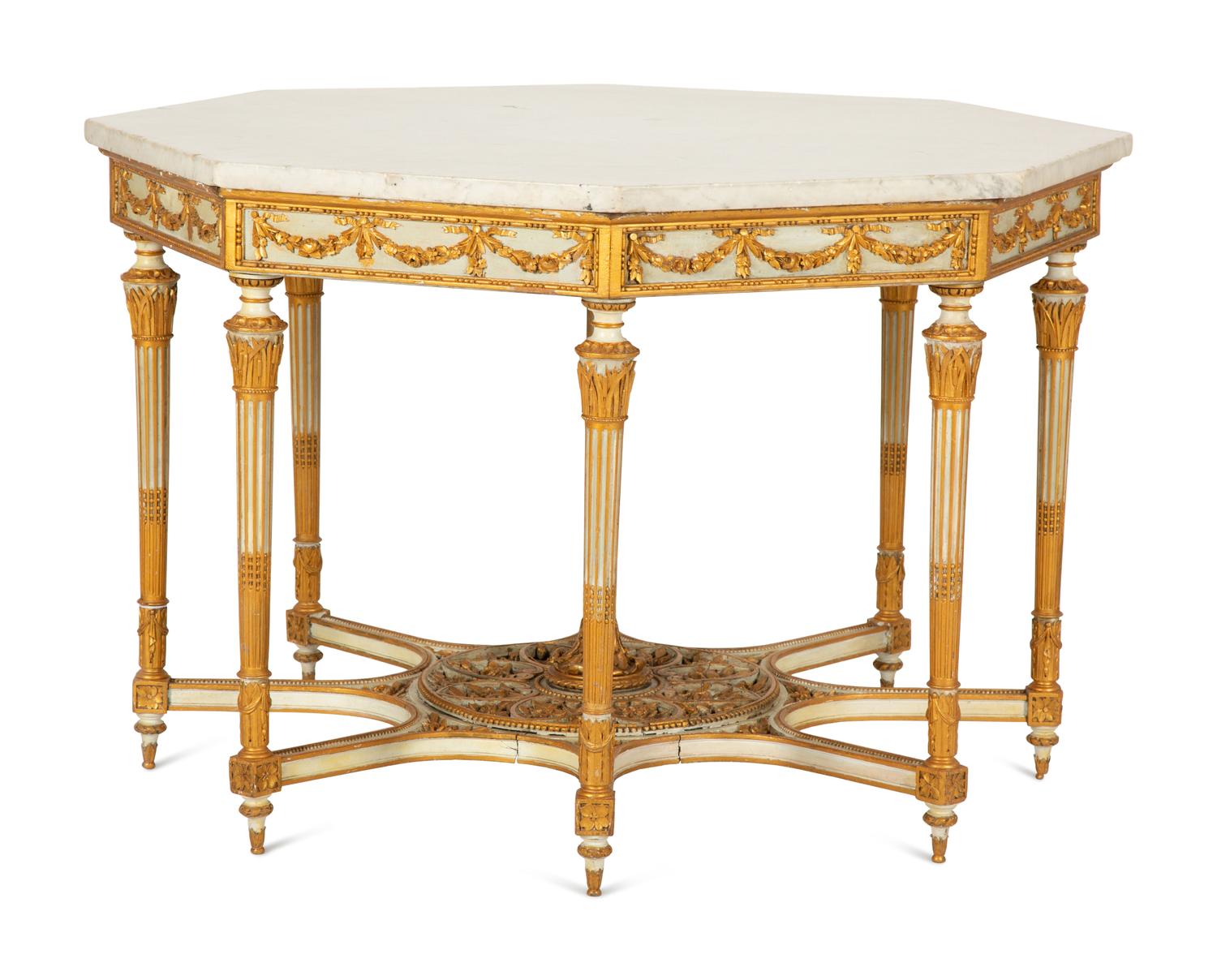 A Louis XVI Style Painted and Parcel Gilt Marble-Top Octagonal Center Table
