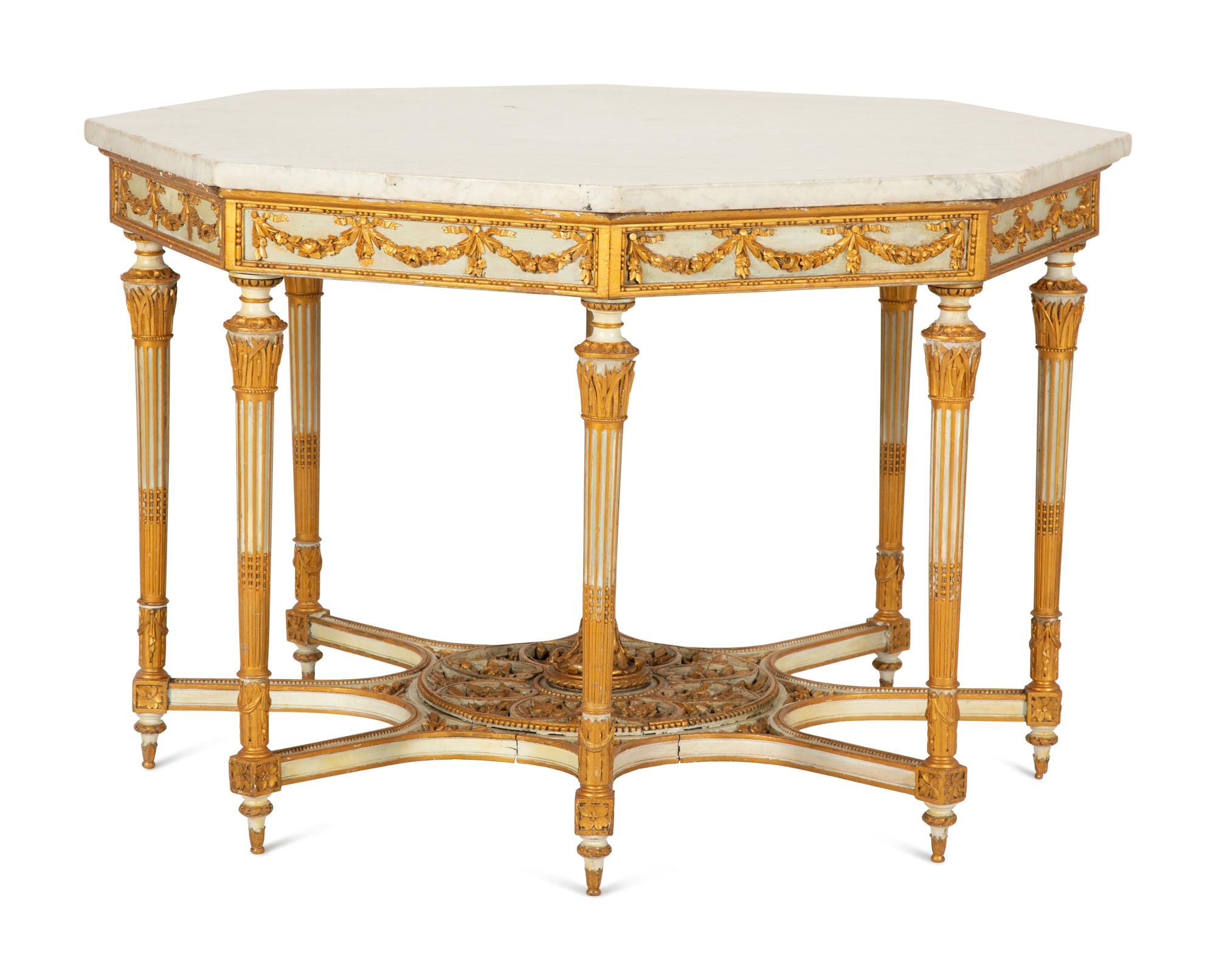 A Louis XVI Style Painted and Parcel Gilt Marble-Top Octagonal Center Table