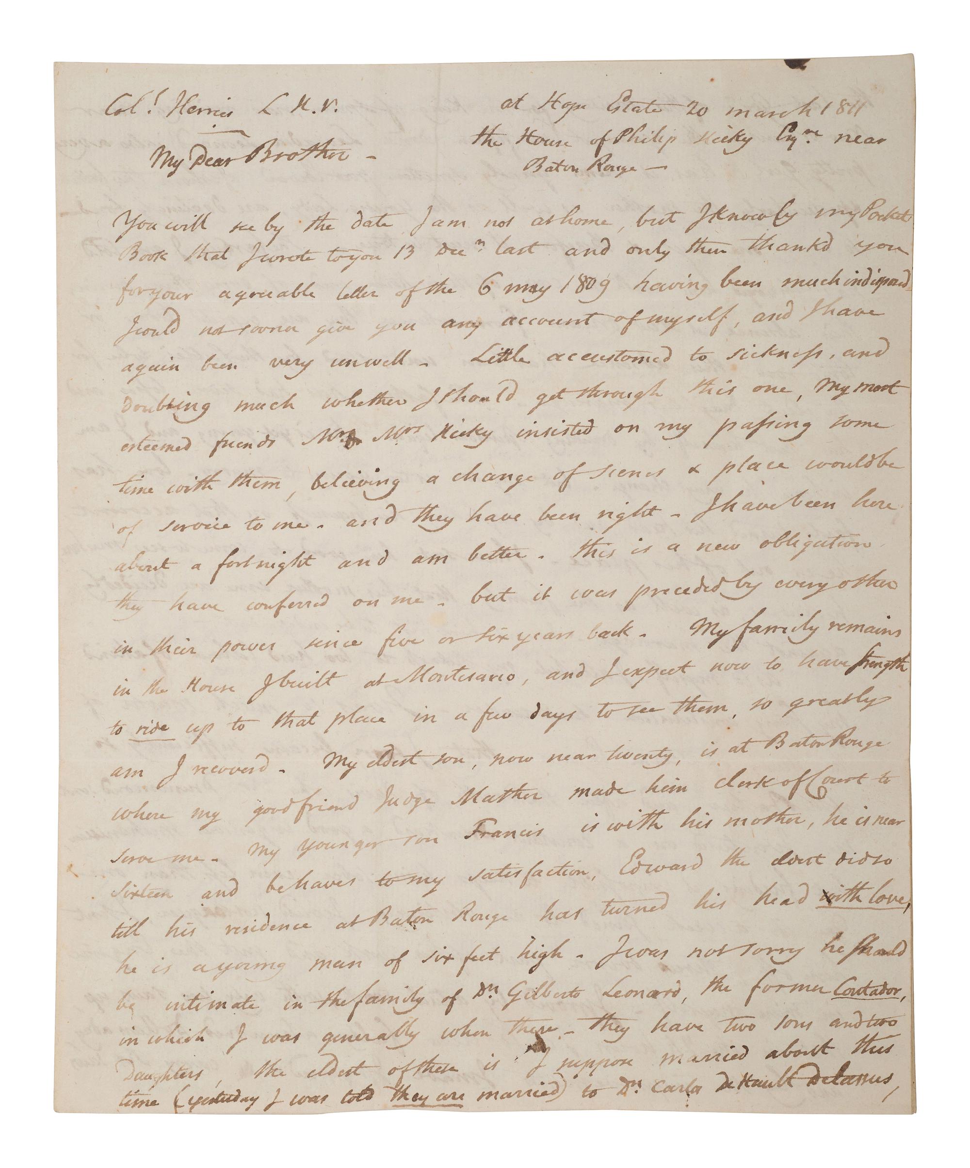 [WESTERN AMERICANA] -- [REPUBLIC OF WEST FLORIDA]. Letters of William Herries (1748-1811), British banker turned American entrepreneur, incl. description of meeting President Jefferson and his journey from New York to New Orleans, 1804-1811.