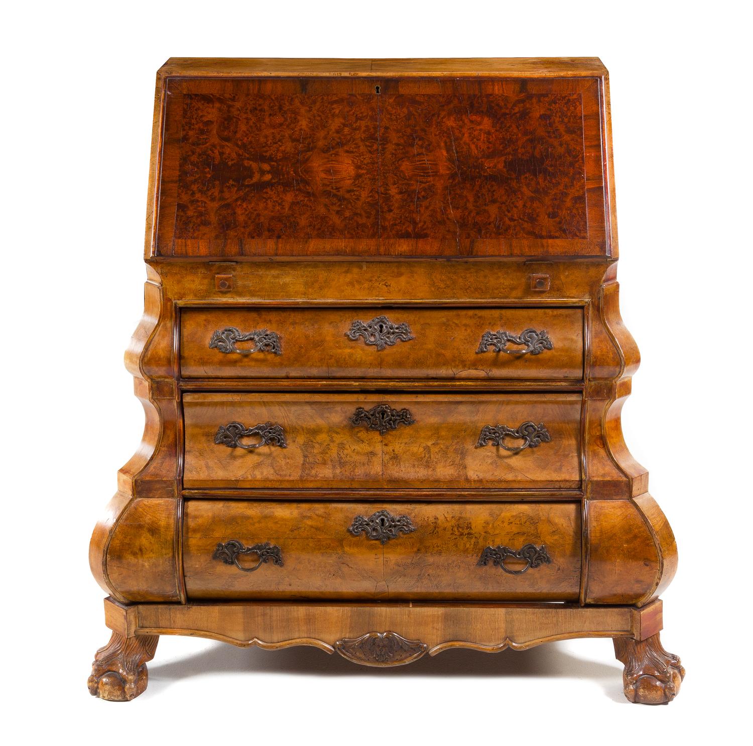 A Dutch Burlwood Slant-Front Desk Height 41 x width 41 x depth 22 inches. — 19TH CENTURY