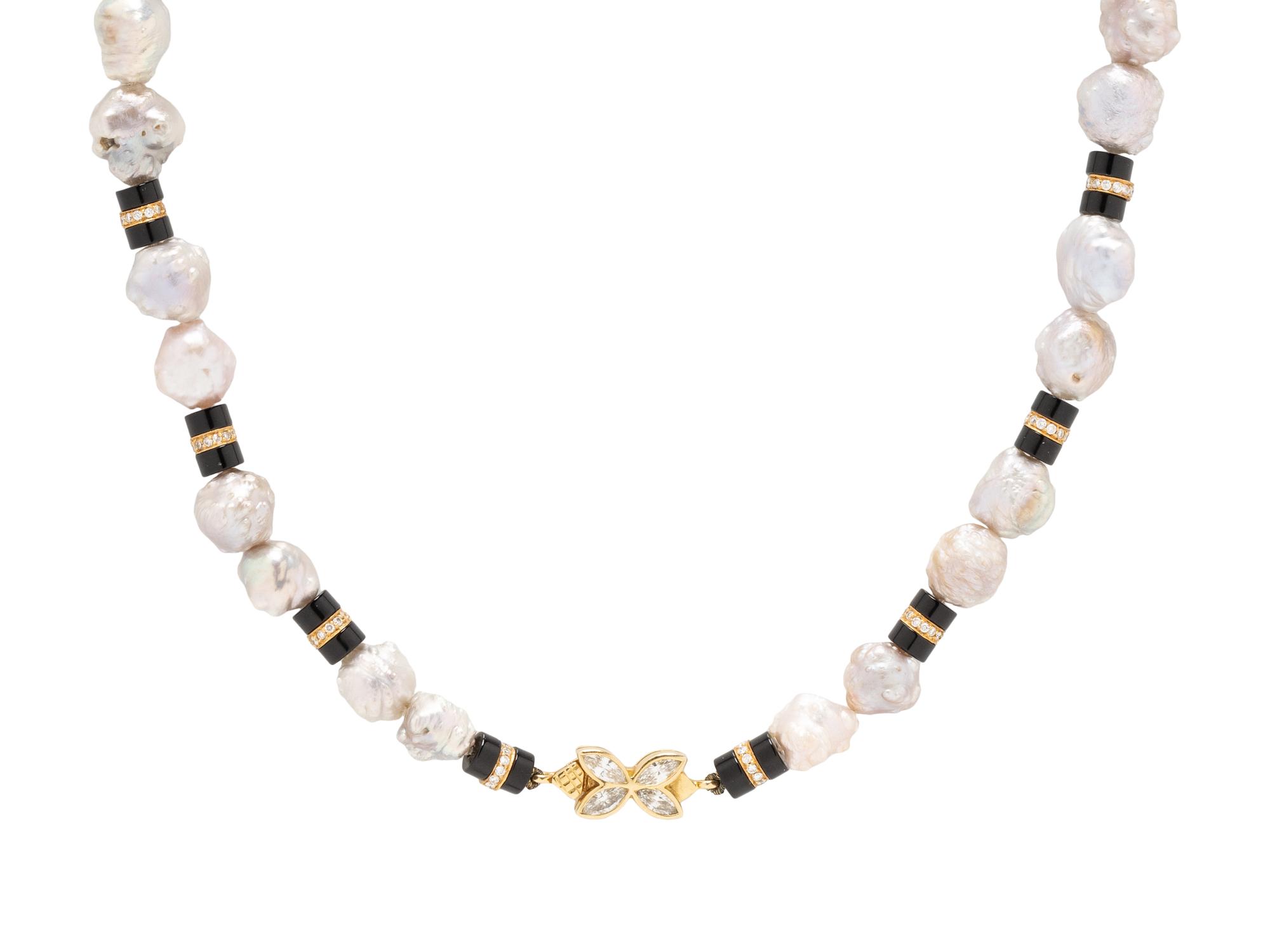 BAROQUE CULTURED PEARL, BLACK BEAD AND DIAMOND NECKLACE