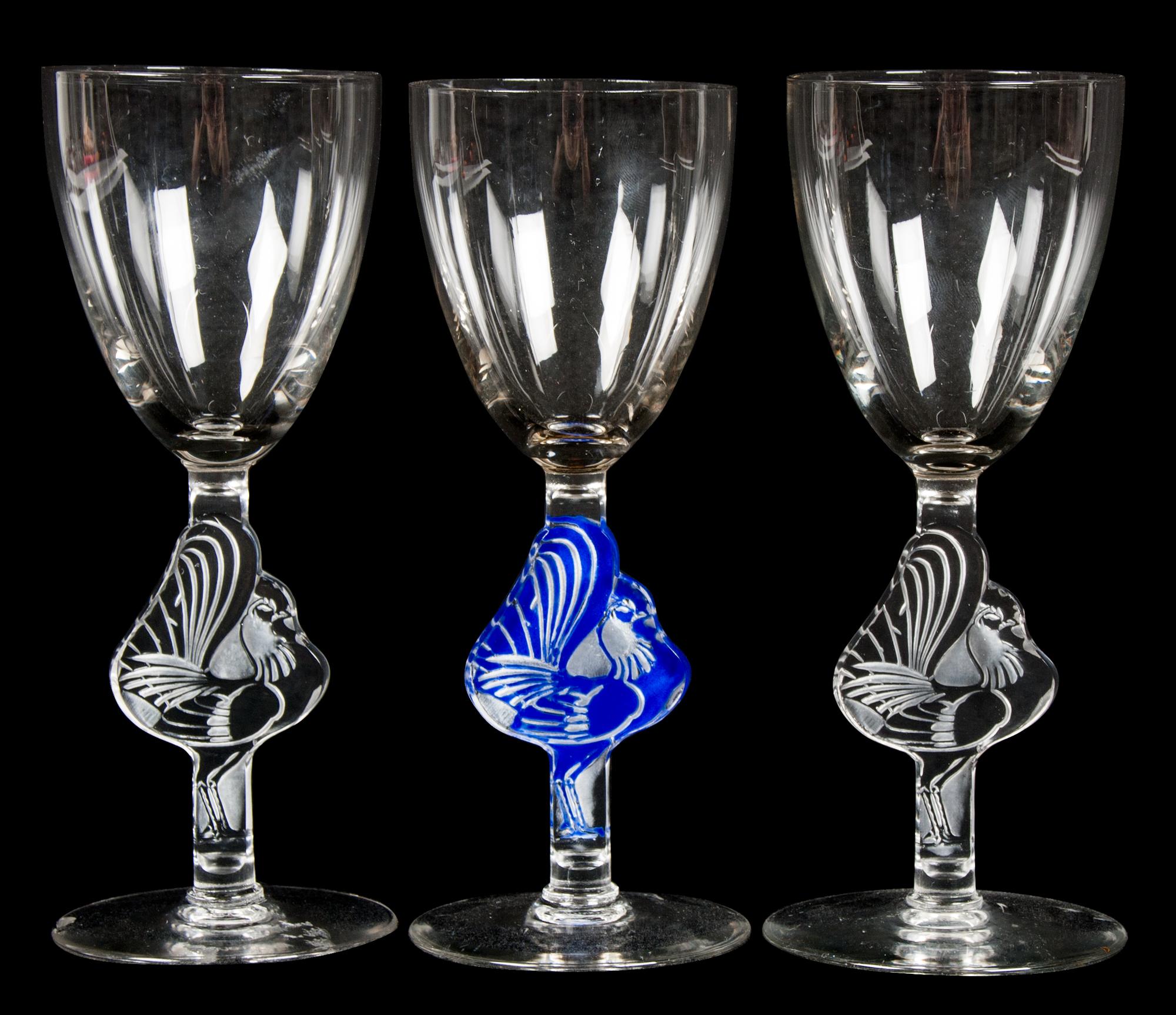 A Set of Three Lalique Molded and Frosted Glass Cordials Height 6 inches. — 20TH CENTURY
