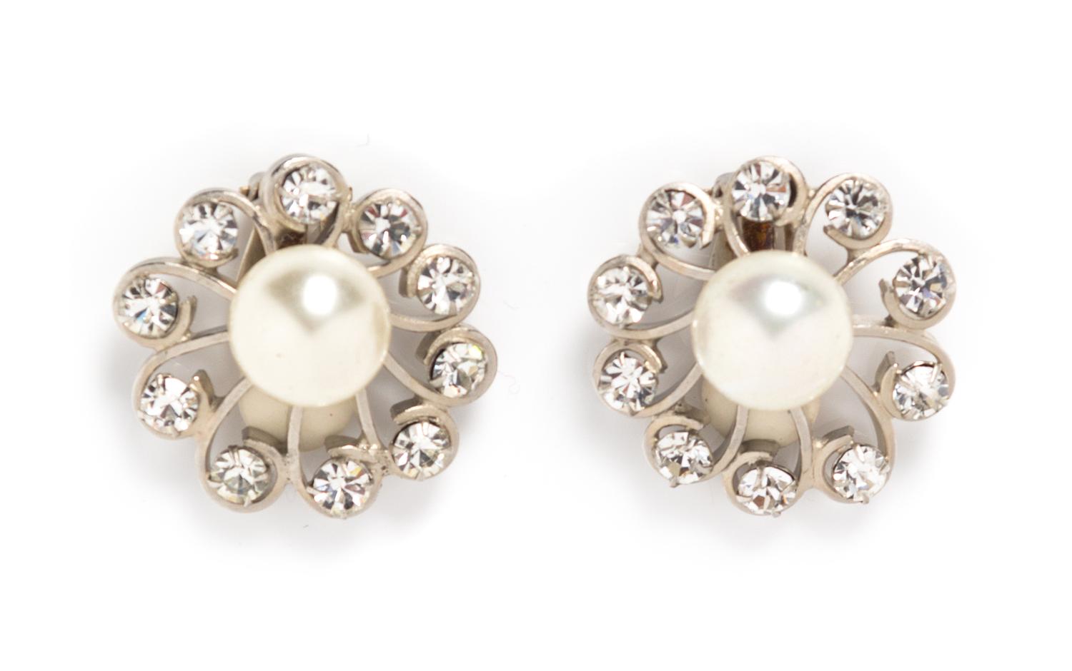 A Pair of Chanel Rhinestone and Faux Pearl Floral Earclips, 1.5" x 1.5".