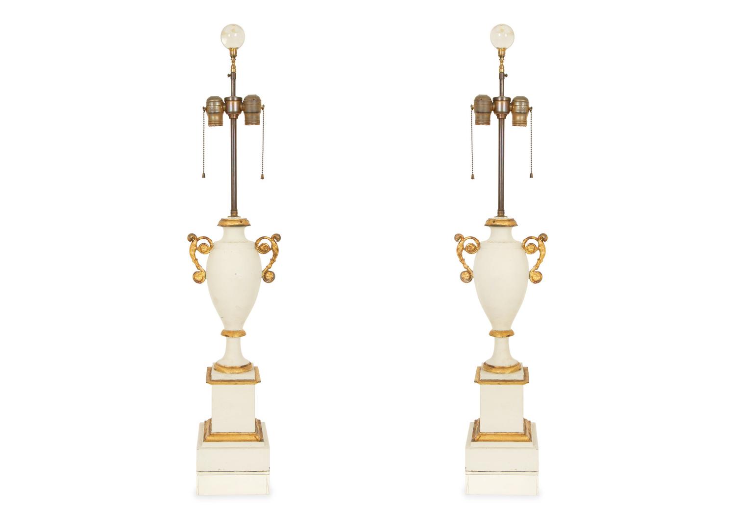 A Pair of White and Gilt Mounted Porcelain Table Lamps