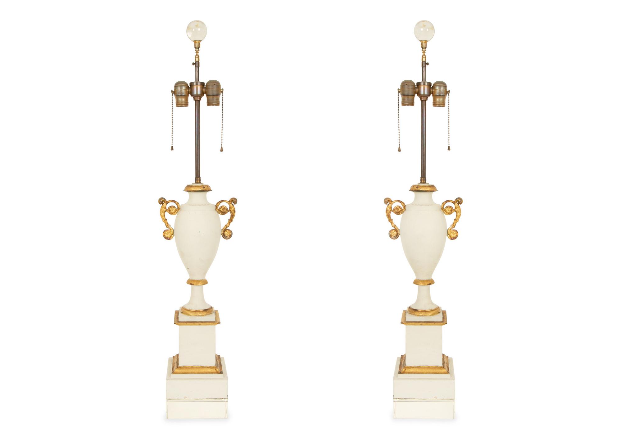 A Pair of White and Gilt Mounted Porcelain Table Lamps