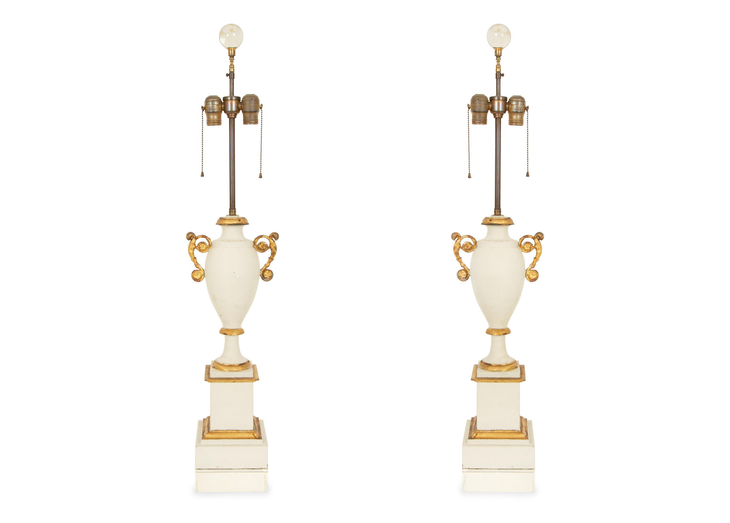 A Pair of White and Gilt Mounted Porcelain Table Lamps