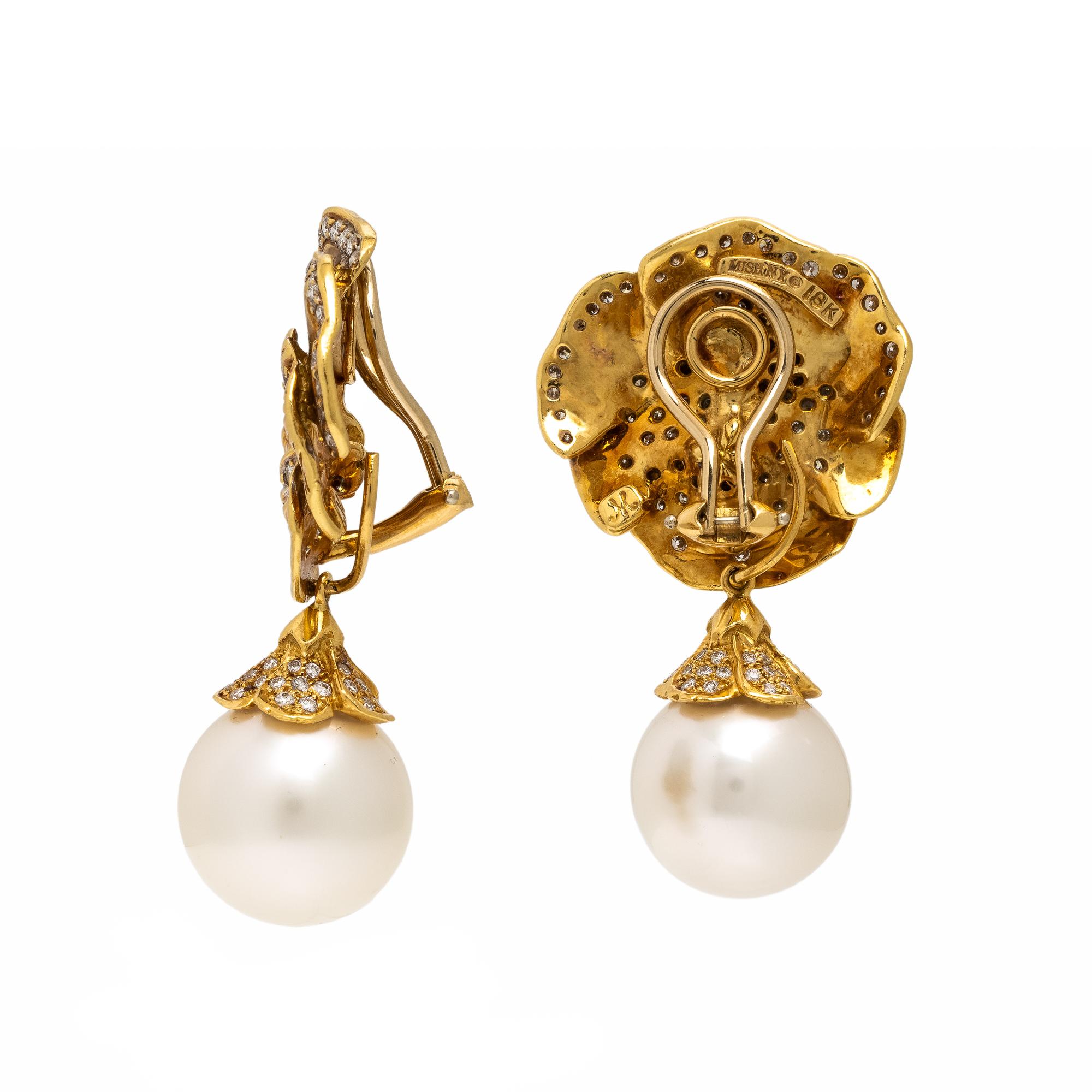 Mish, Diamond, Cultured Pearl, and Yellow Gold Convertible Flower Earrings