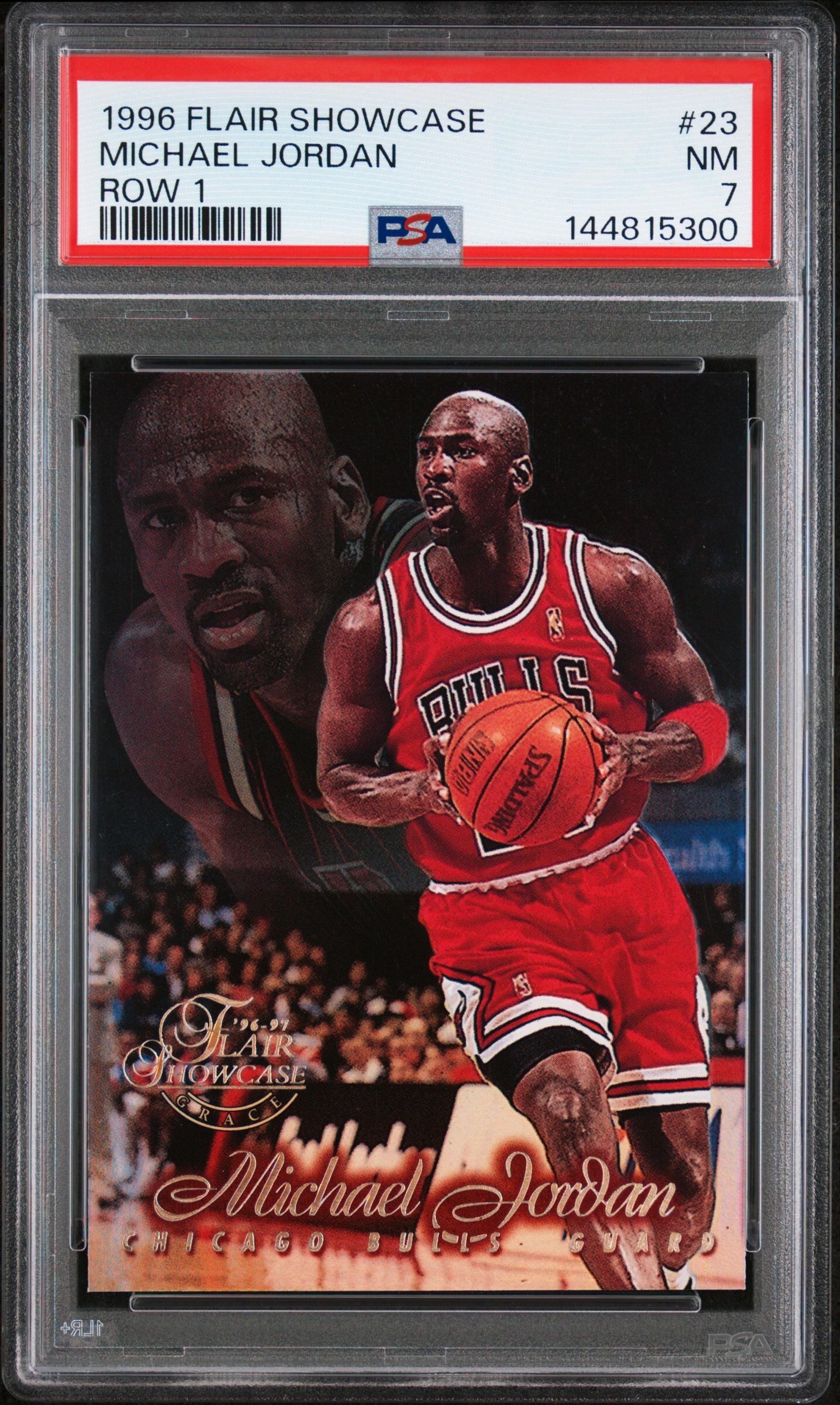 A 1996 Flair Showcase Michael Jordan Row 1 Basketball Card (PSA 7 NM)