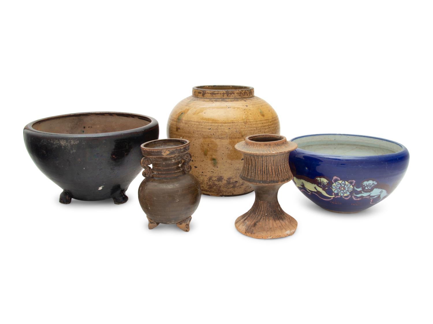 Five Chinese Monochrome Glazed Porcelain and Stoneware Vessels