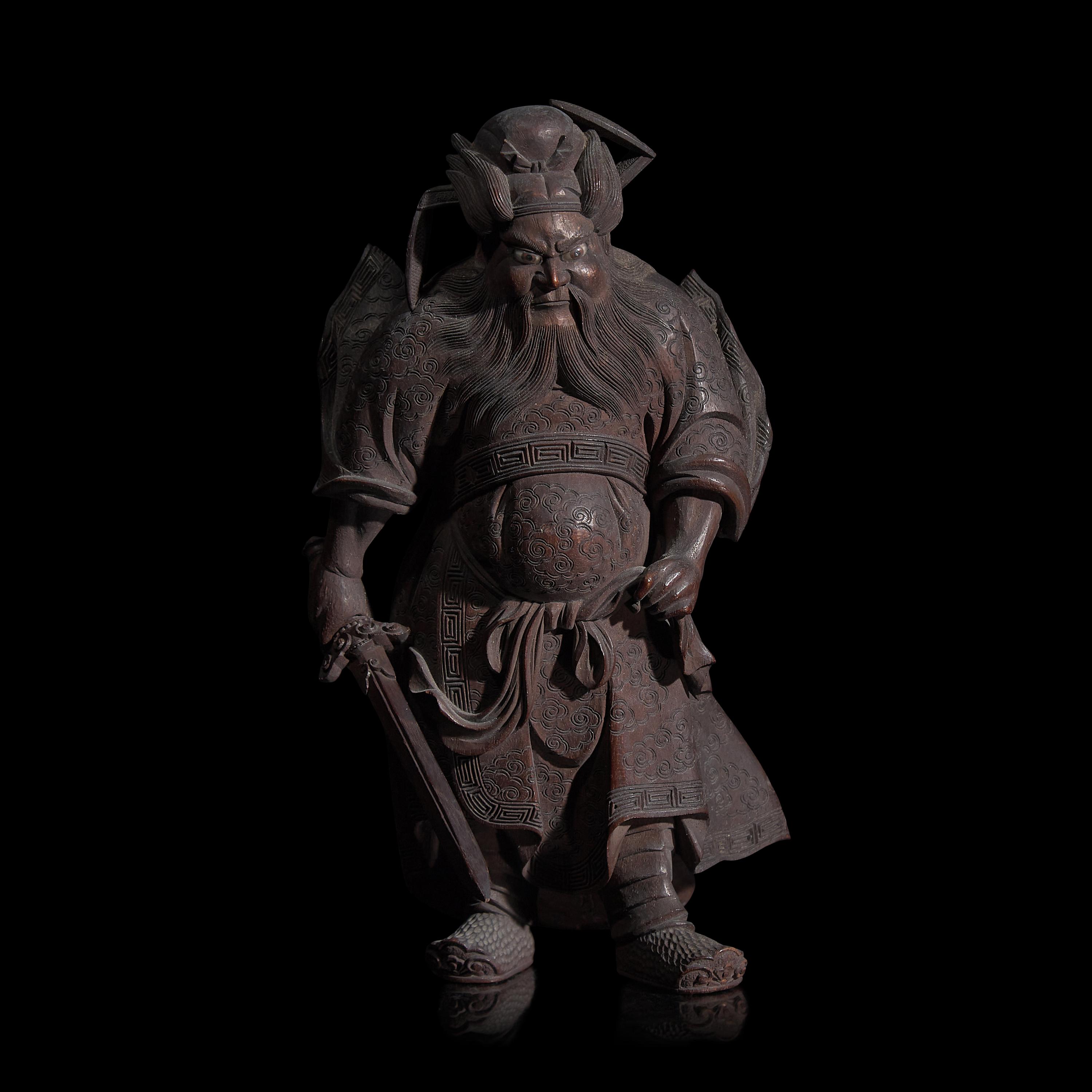 A Japanese Carved Wood "Shoki" Okimono, Signed Hara Shugetsu zo
