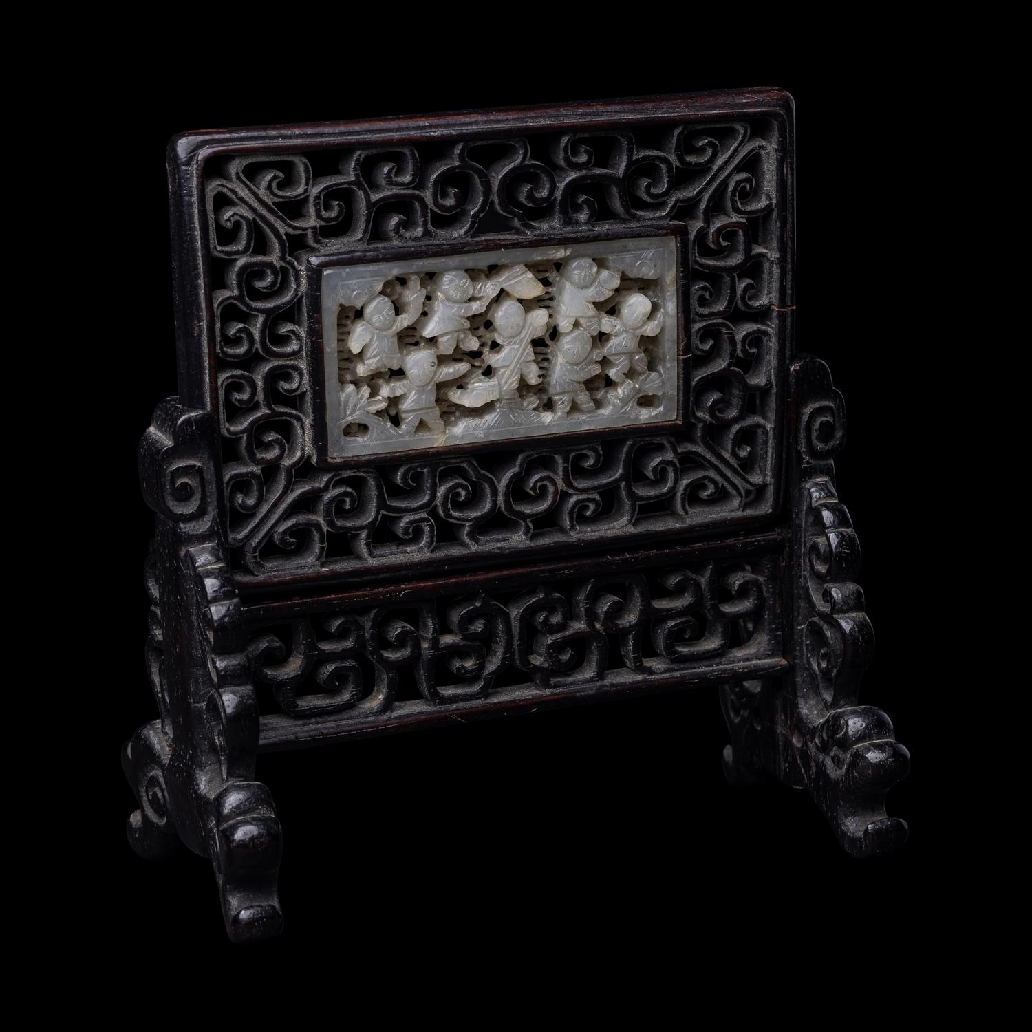 A Chinese White Jade Inset Hardwood Table Screen