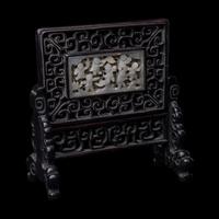 A Chinese White Jade Inset Hardwood Table Screen