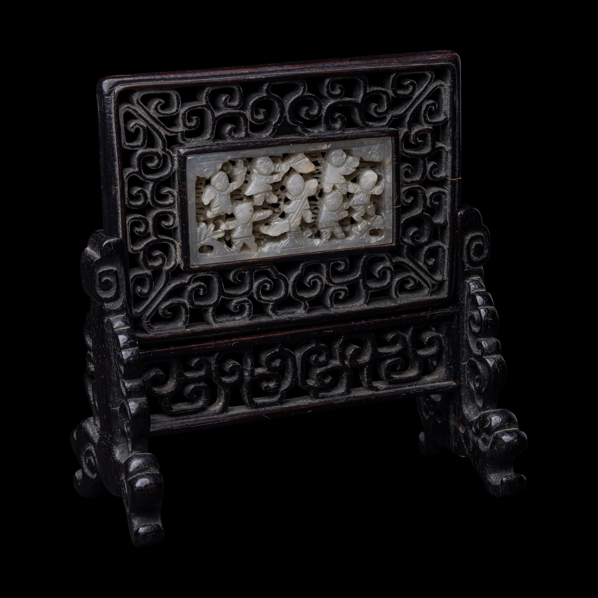 A Chinese White Jade Inset Hardwood Table Screen