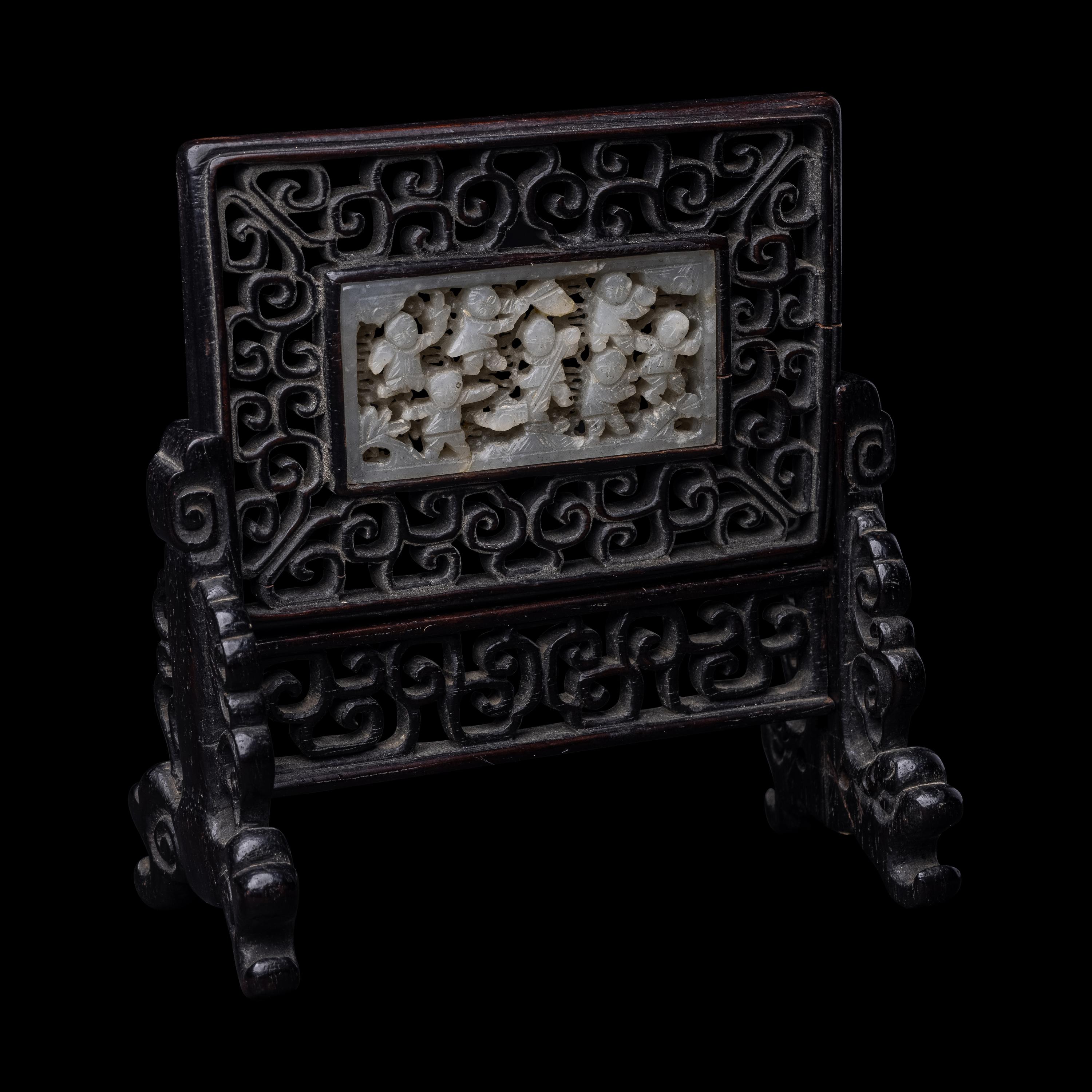 A Chinese White Jade Inset Hardwood Table Screen