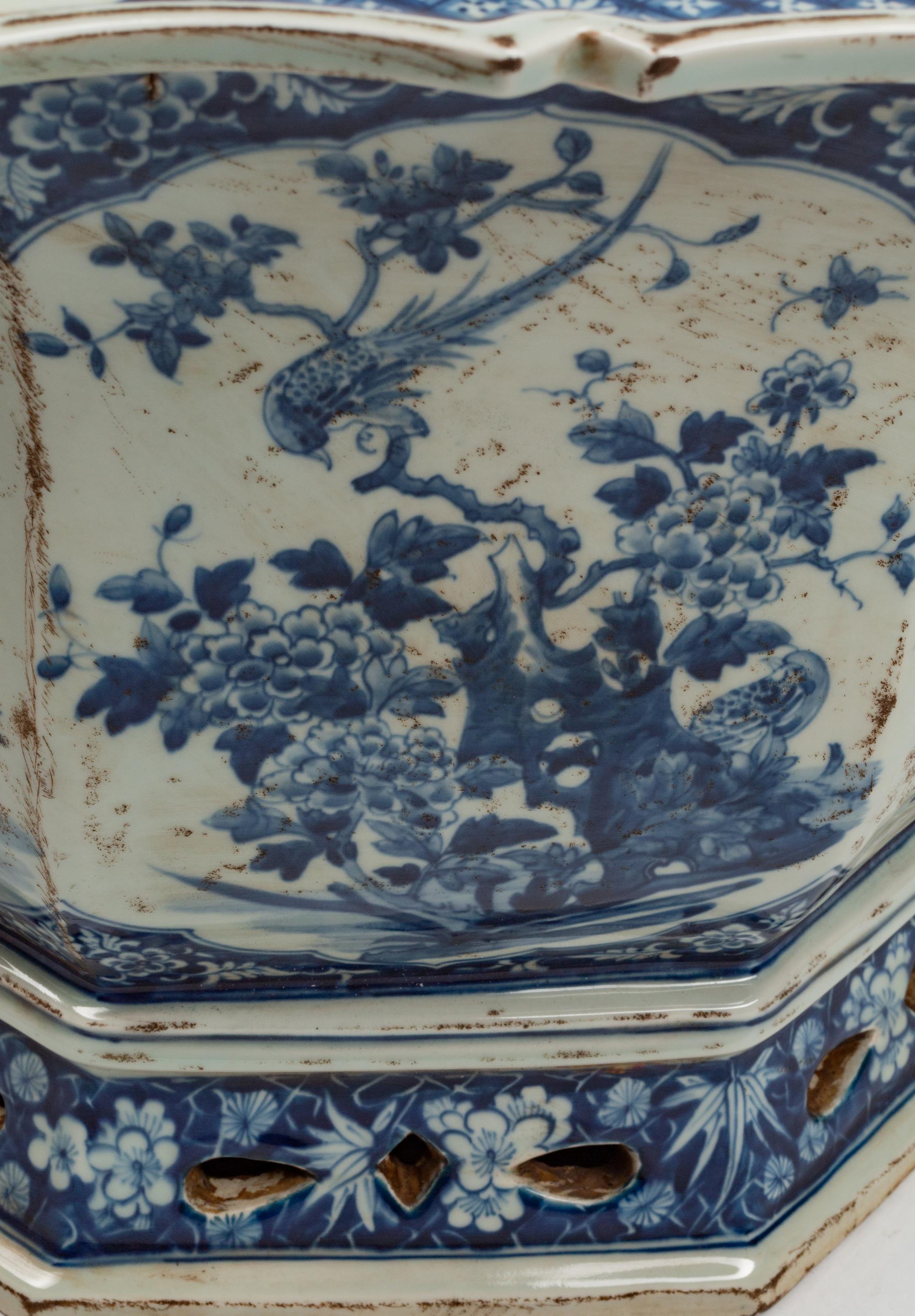 A Pair of Chinese Blue and White Porcelain Octagonal Jardinières