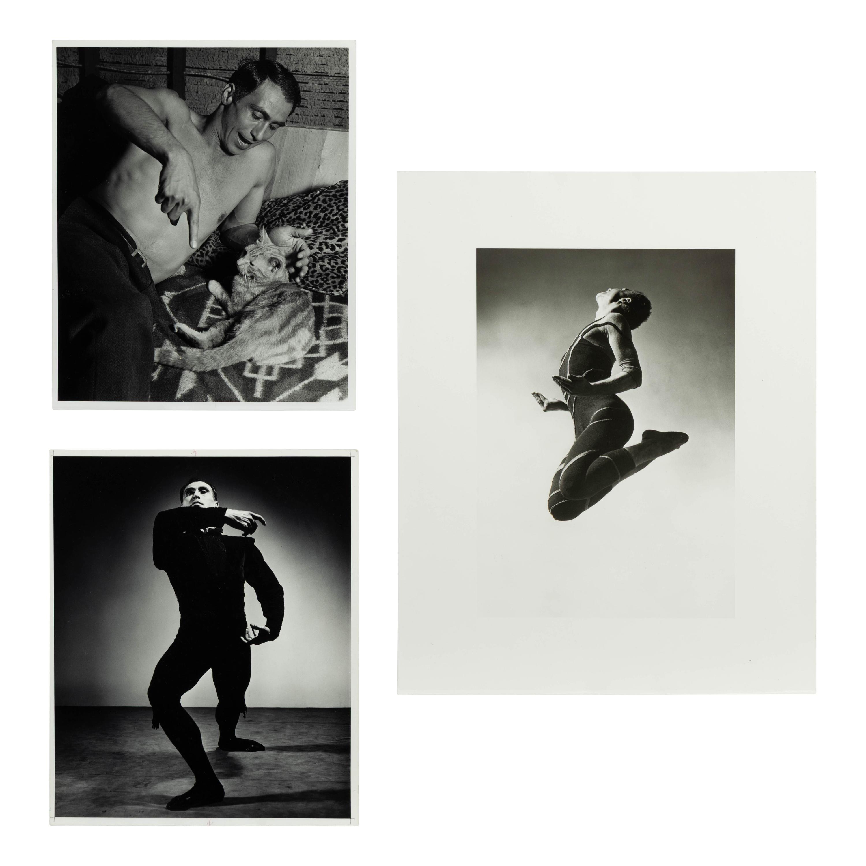 Barbara Morgan (American, 1900–1992) — Three Works ( José Limón, Chaconne , 1944; J osé Limón + Cat in Barbara Morgan Studio , 1944; Merce Cunningham-Totem Ancestor , 1942); printed later