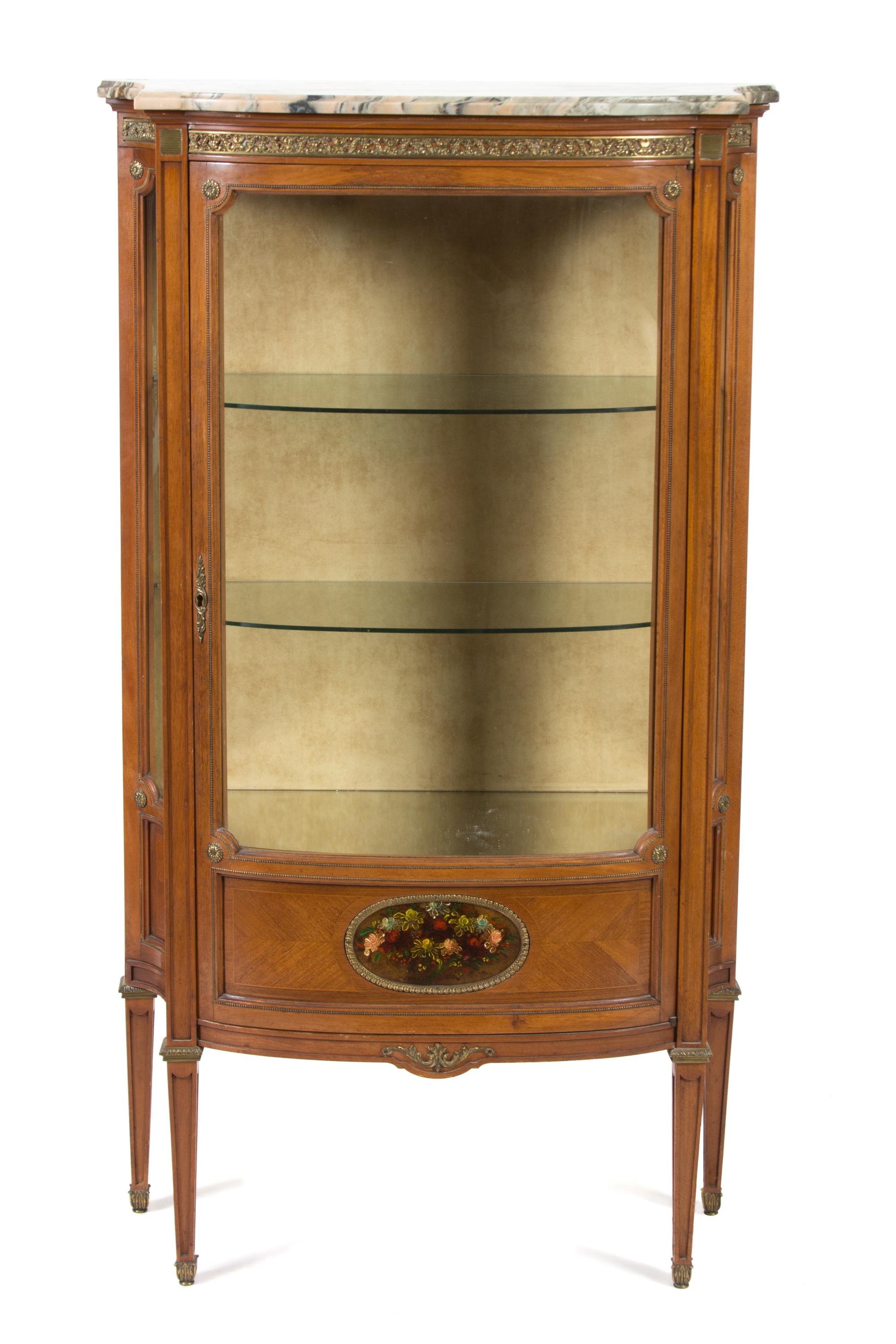 A Louis XVI Style Gilt Metal Mounted Walnut Vitrine Cabinet Height 55 x width 31 x depth 13 1/2 inches. — LATE 19TH/EARLY 20TH CENTURY