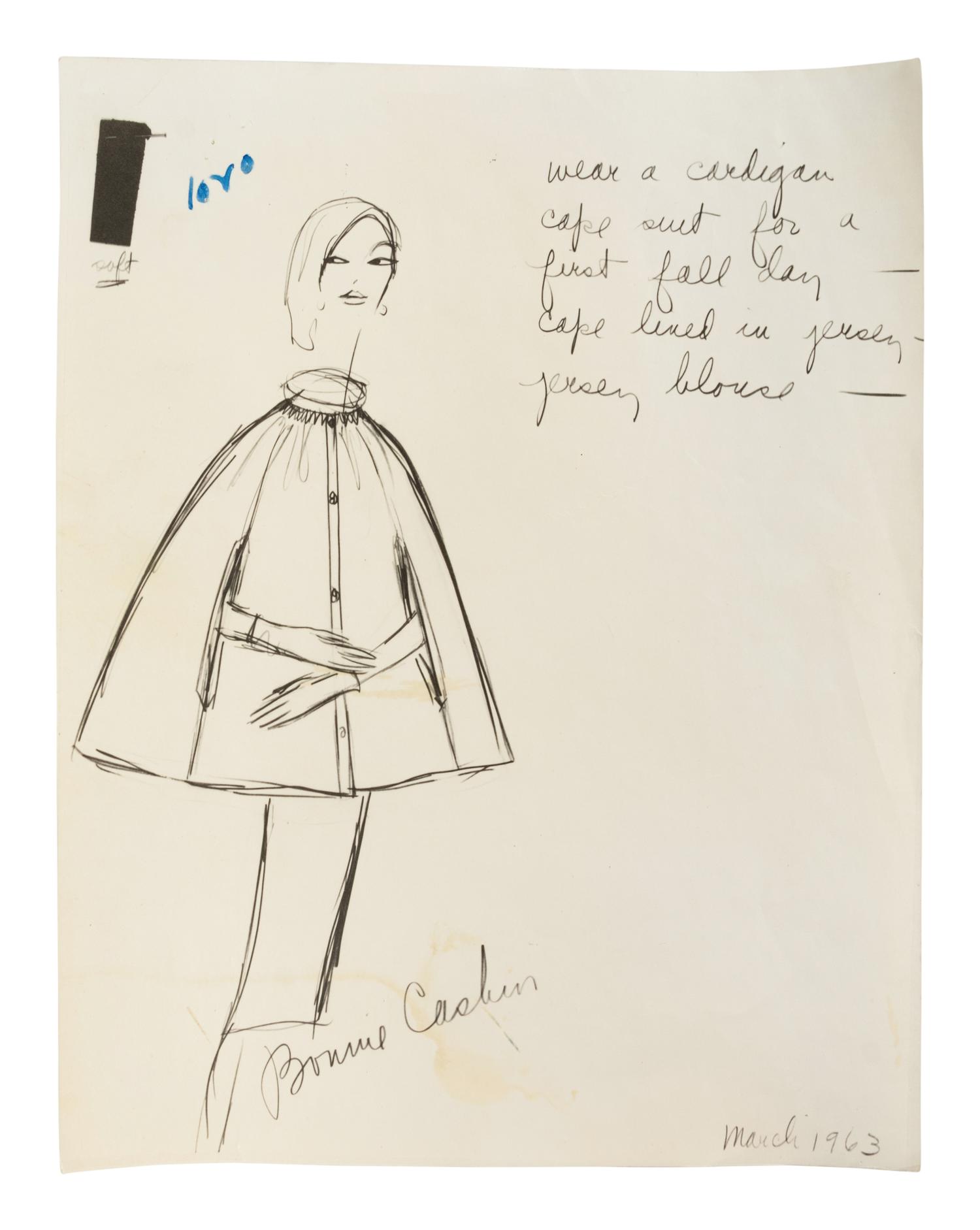 Bonnie Cashin Cape and Skirt, Dress, Coat, Photograph, Two Sketches, Two Patterns, 1960s