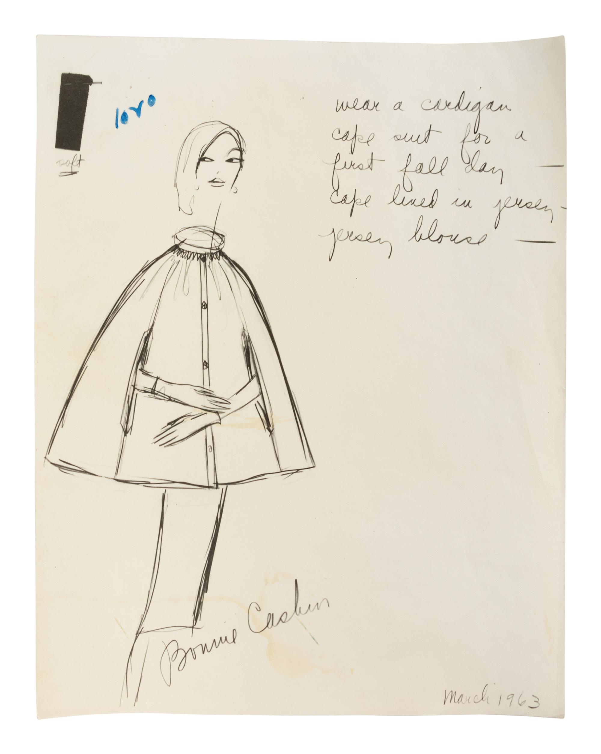 Bonnie Cashin Cape and Skirt, Dress, Coat, Photograph, Two Sketches, Two Patterns, 1960s