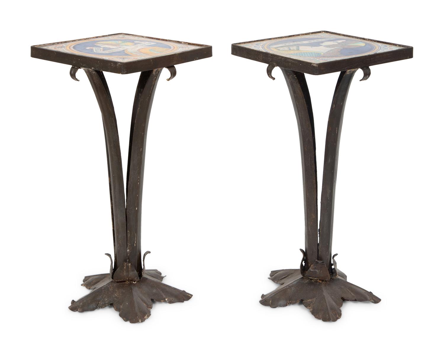 A Pair of Mizner Style Tile-Top Metal Side Tables