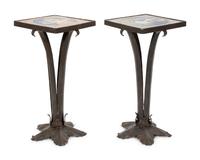 A Pair of Mizner Style Tile-Top Metal Side Tables
