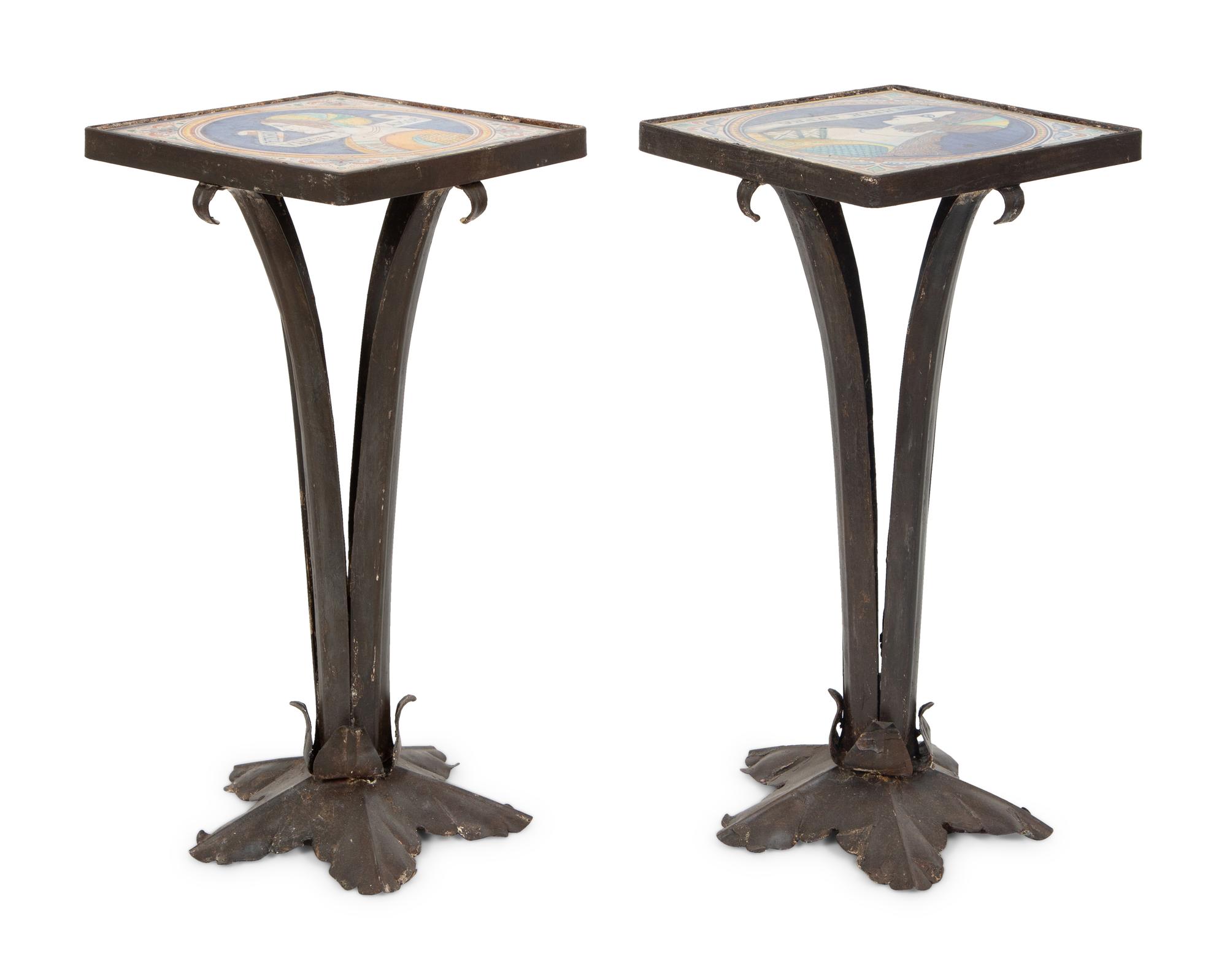 A Pair of Mizner Style Tile-Top Metal Side Tables