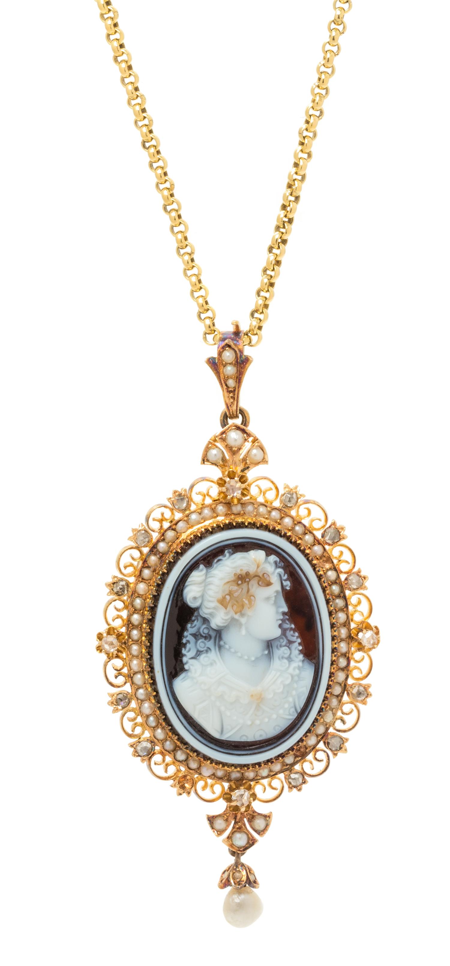 A Victorian Yellow Gold, Sardonyx Cameo, Pearl and Diamond Pendant, 20.80 dwts.