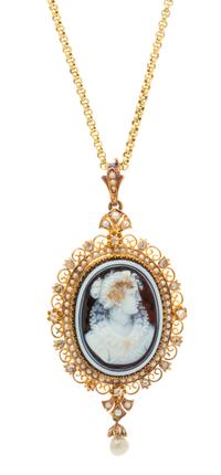 A Victorian Yellow Gold, Sardonyx Cameo, Pearl and Diamond Pendant, 20.80 dwts.