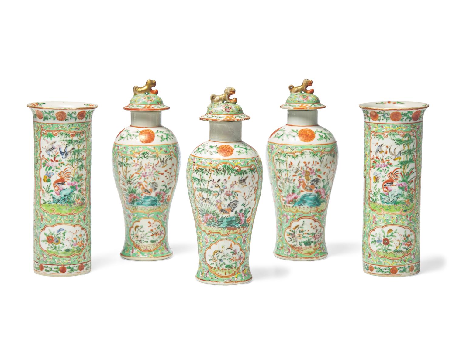 A Chinese Export Porcelain Famille Verte Five-Piece Garniture