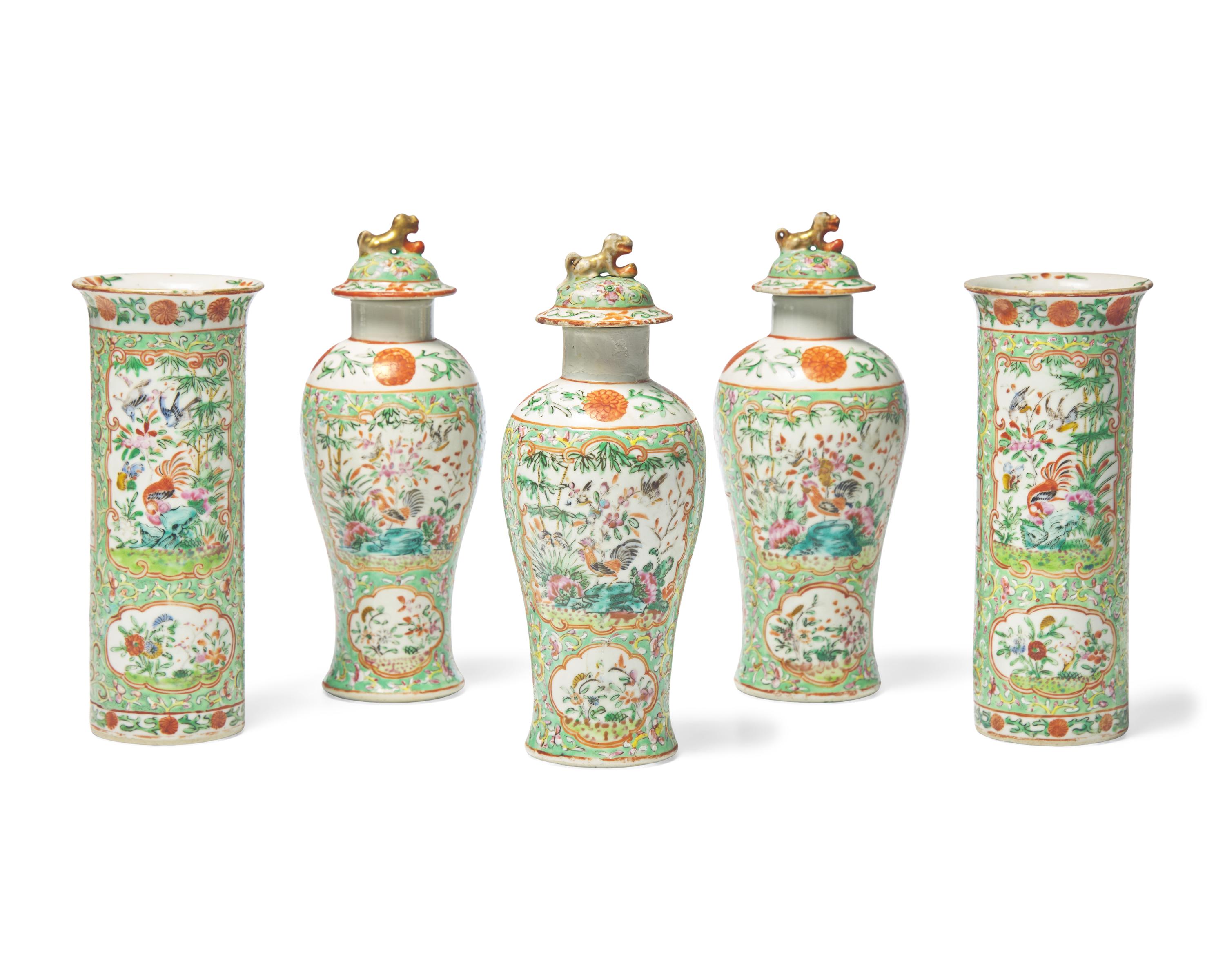 A Chinese Export Porcelain Famille Verte Five-Piece Garniture