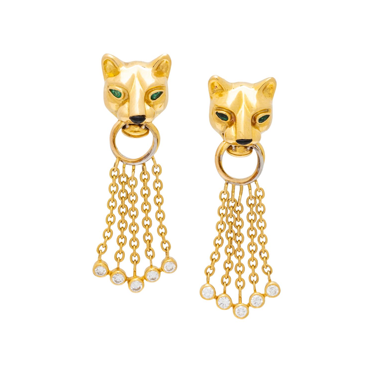 CARTIER, YELLOW GOLD, DIAMOND, EMERALD, AND ONYX 'PANTHÈRE' EARRINGS