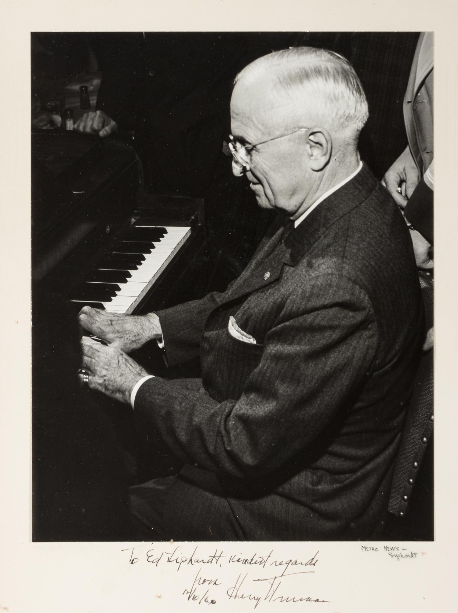 TRUMAN, Harry S. (1884-1972). Photograph inscribed and signed ("Harry Truman"). N.p., 10 December 1960.