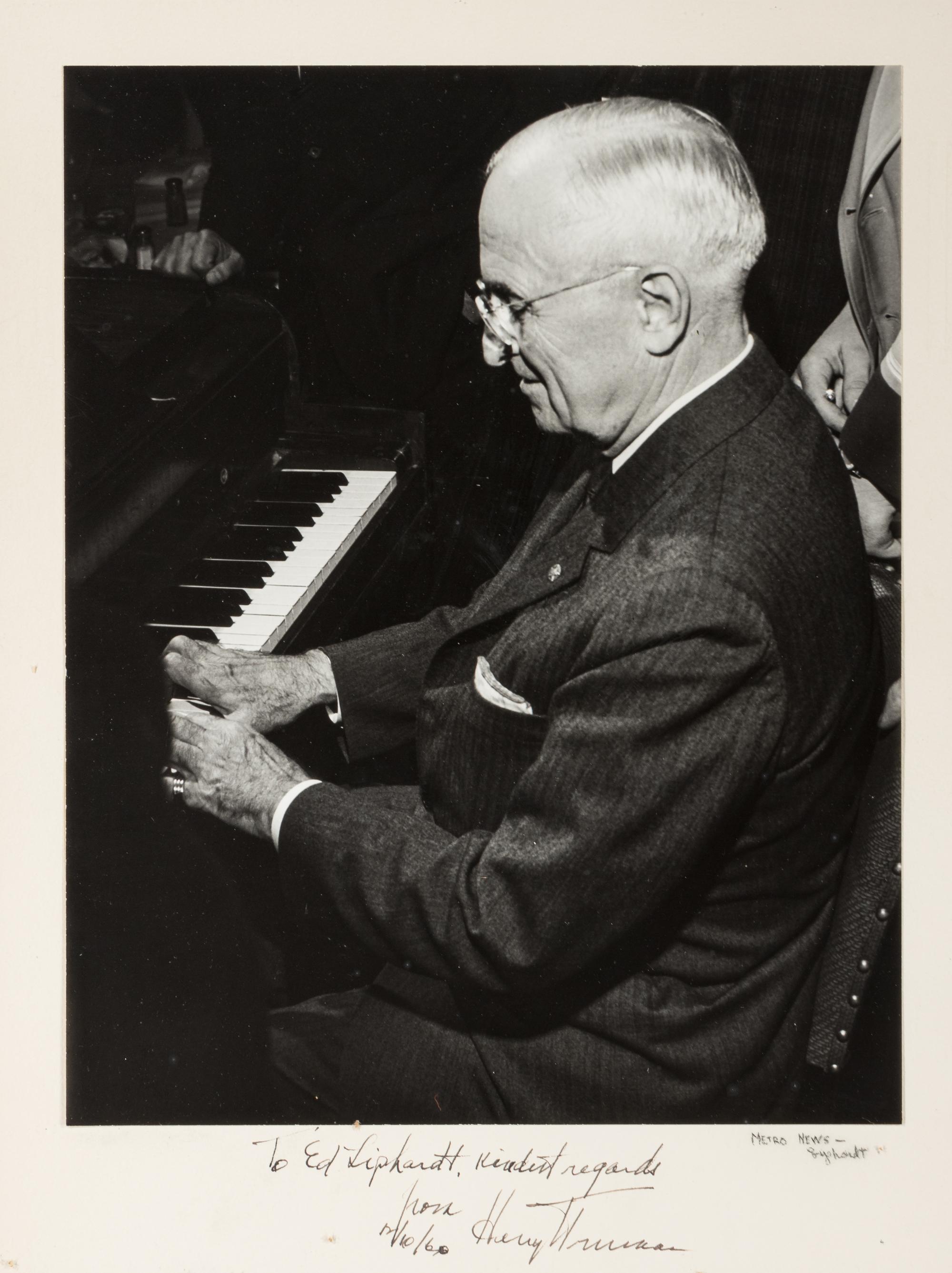 TRUMAN, Harry S. (1884-1972). Photograph inscribed and signed ("Harry Truman"). N.p., 10 December 1960.