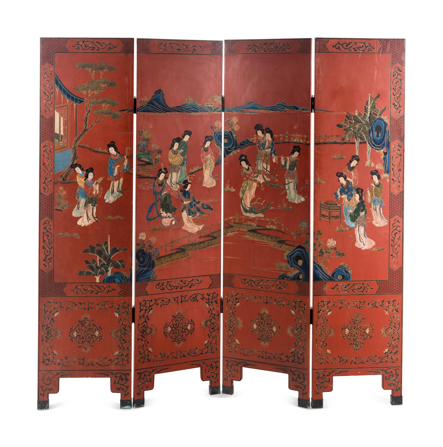 A Chinese Painted and Red Lacquered Four-Panel Floor Screen