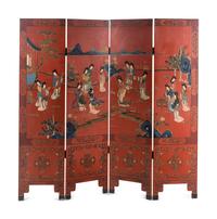 A Chinese Painted and Red Lacquered Four-Panel Floor Screen