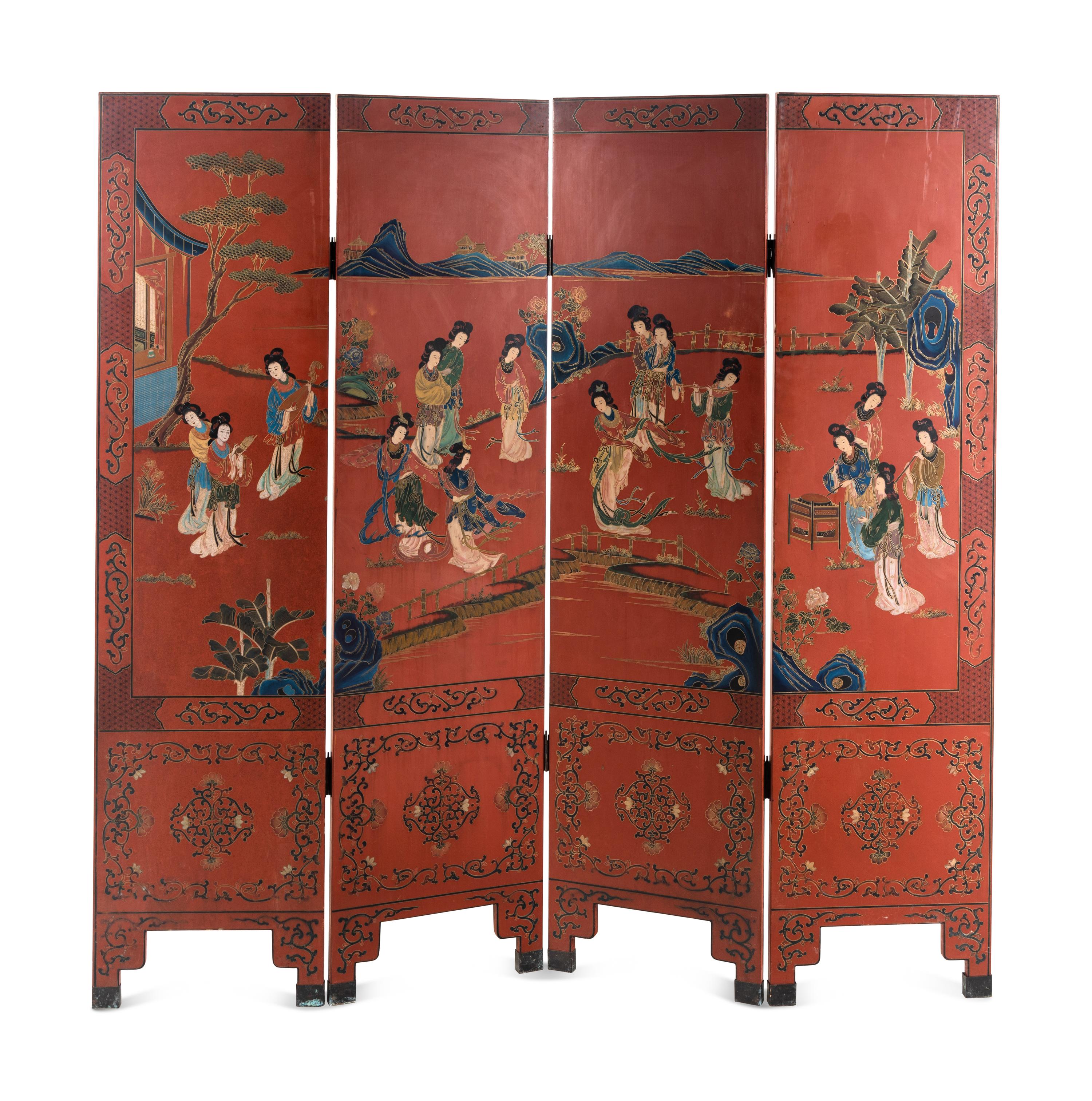 A Chinese Painted and Red Lacquered Four-Panel Floor Screen